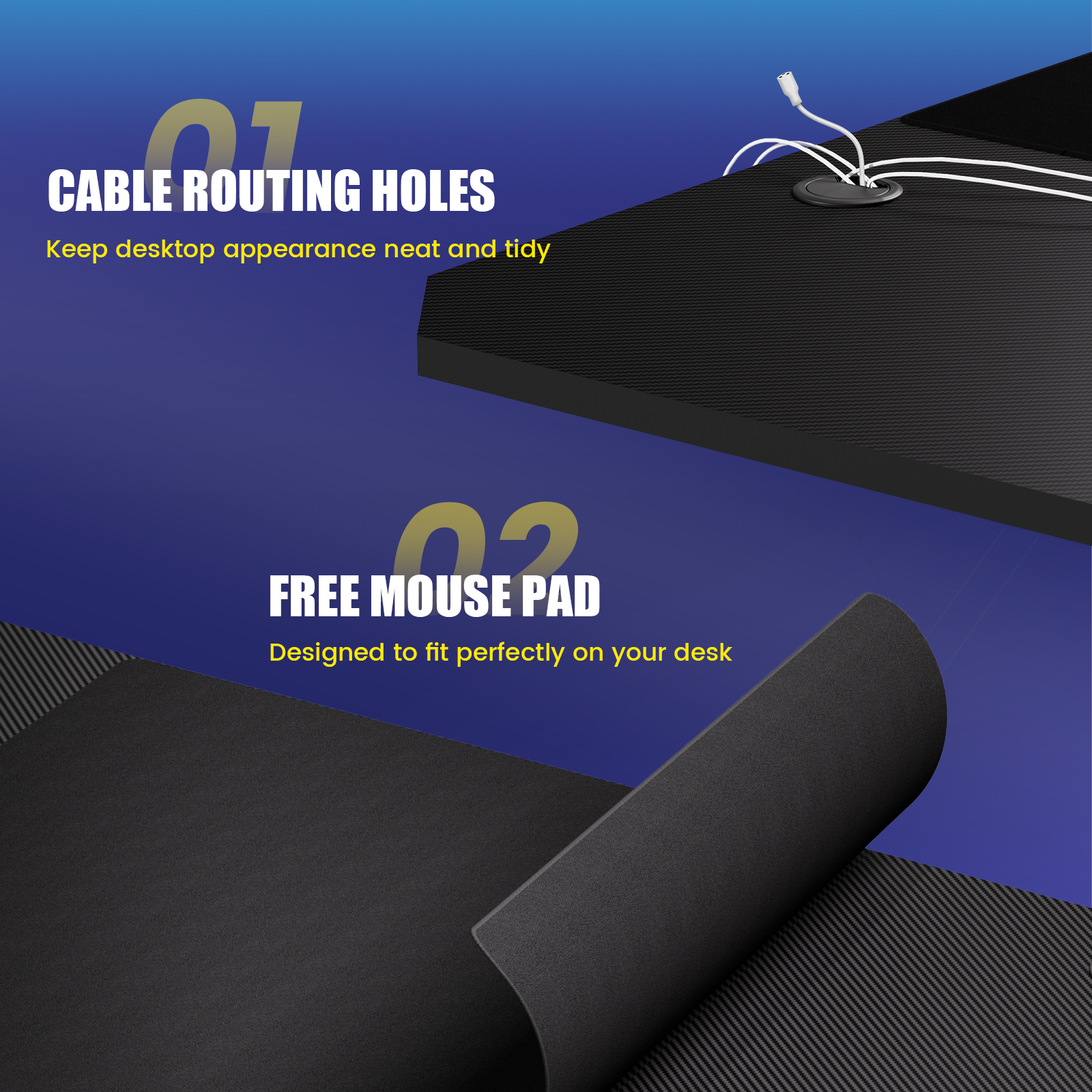 GT-Table de jeu inquiétante sur mesure, bureau de jeu, table PC, surface en fibre de carbone, LED, prise, noir, 120x60cm