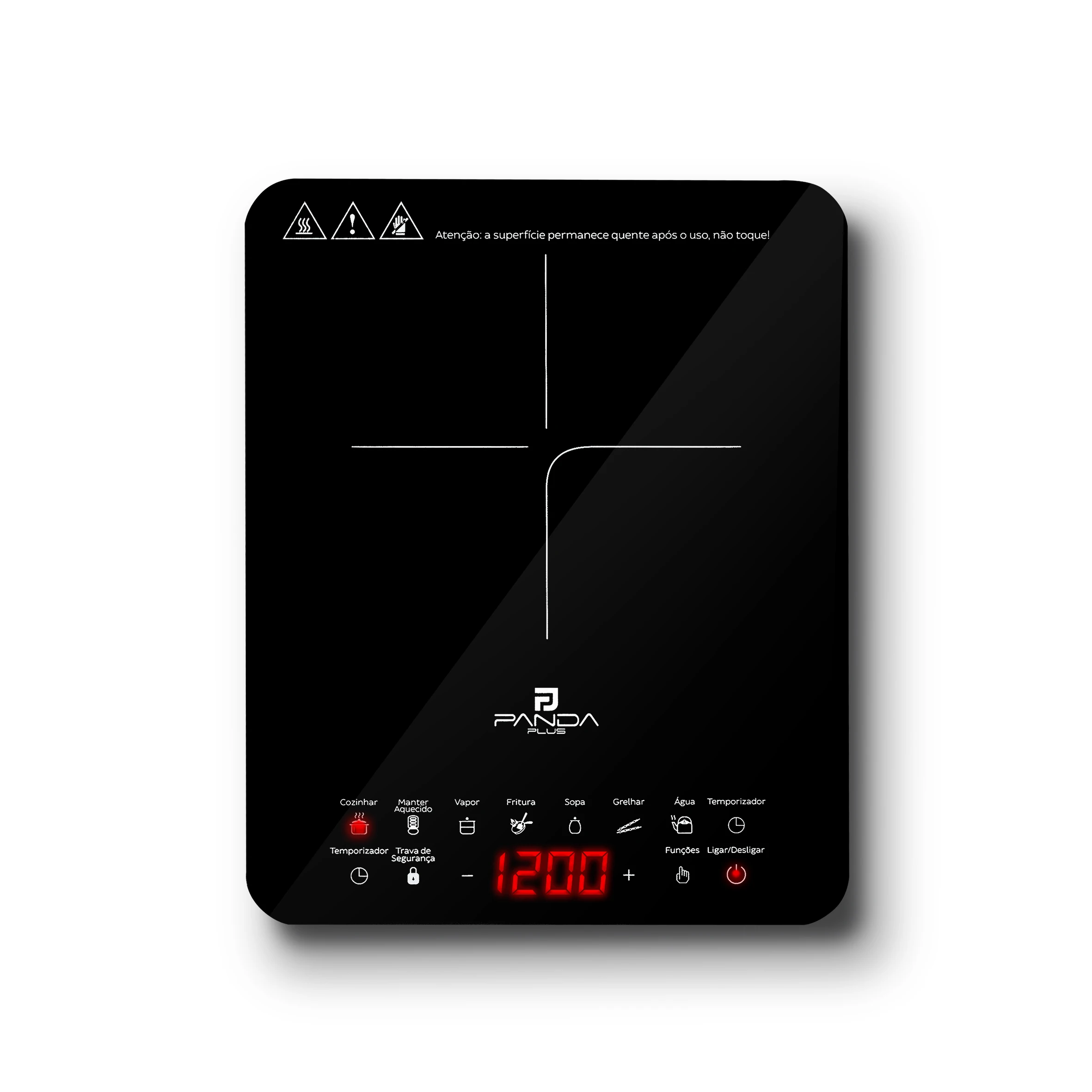 Cooktop Indução 1 Boca Portátil PandaPlus 2000W 220V Touch 8 Níveis Potência Temperatura Trava de Segurança Timer Vitrocerâmico