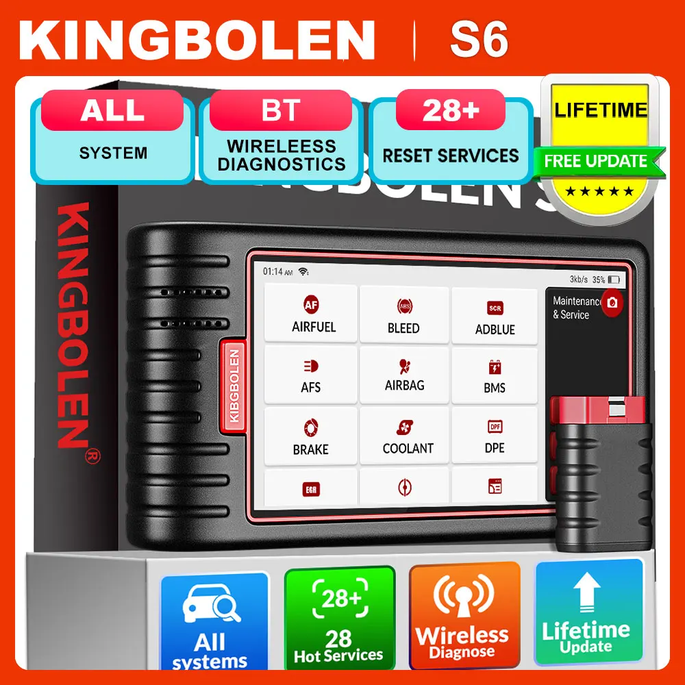 Skaner Kingbolen S6 OBD2, Bluetooth Czytnik Kodów Wszystkich Systemów Narzędzie Diagnostyczne Samochodu, Auto-VIN 28+ Narzędzie Skanujące Konserwacja SAS/BMS/TPMS