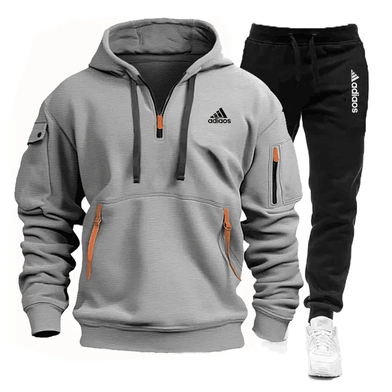 Conjunto de ropa deportiva y pantalones con múltiples bolsillos y cremallera para hombre, ropa deportiva informal, traje para correr, conjunto de dos piezas con capucha para primavera y otoño 2024