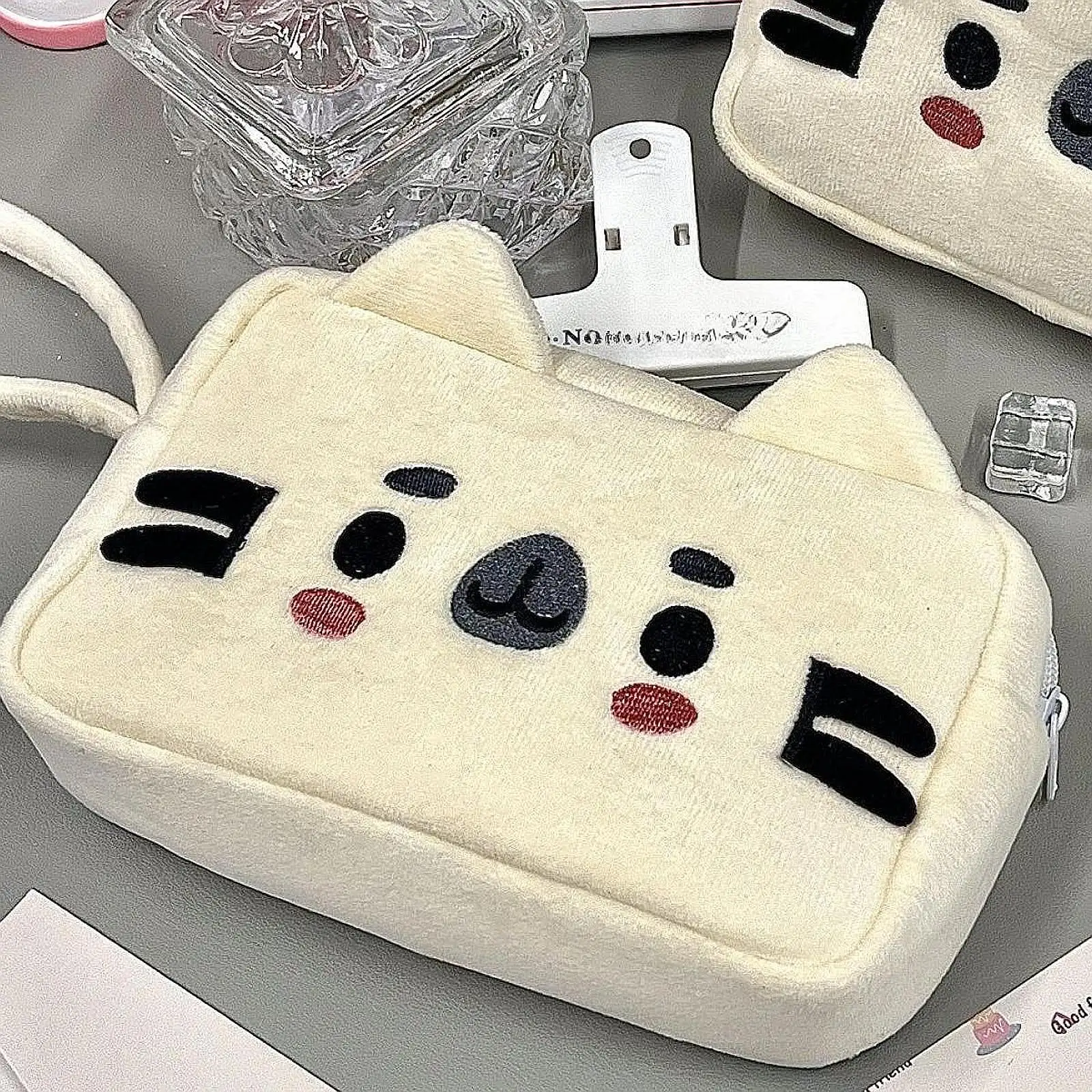 Plush Pencil Case Cute Cat Makeup Bag Large Capacity Portable Plush Animal Stationery Storage Pouch Zipper Closure Pen Case