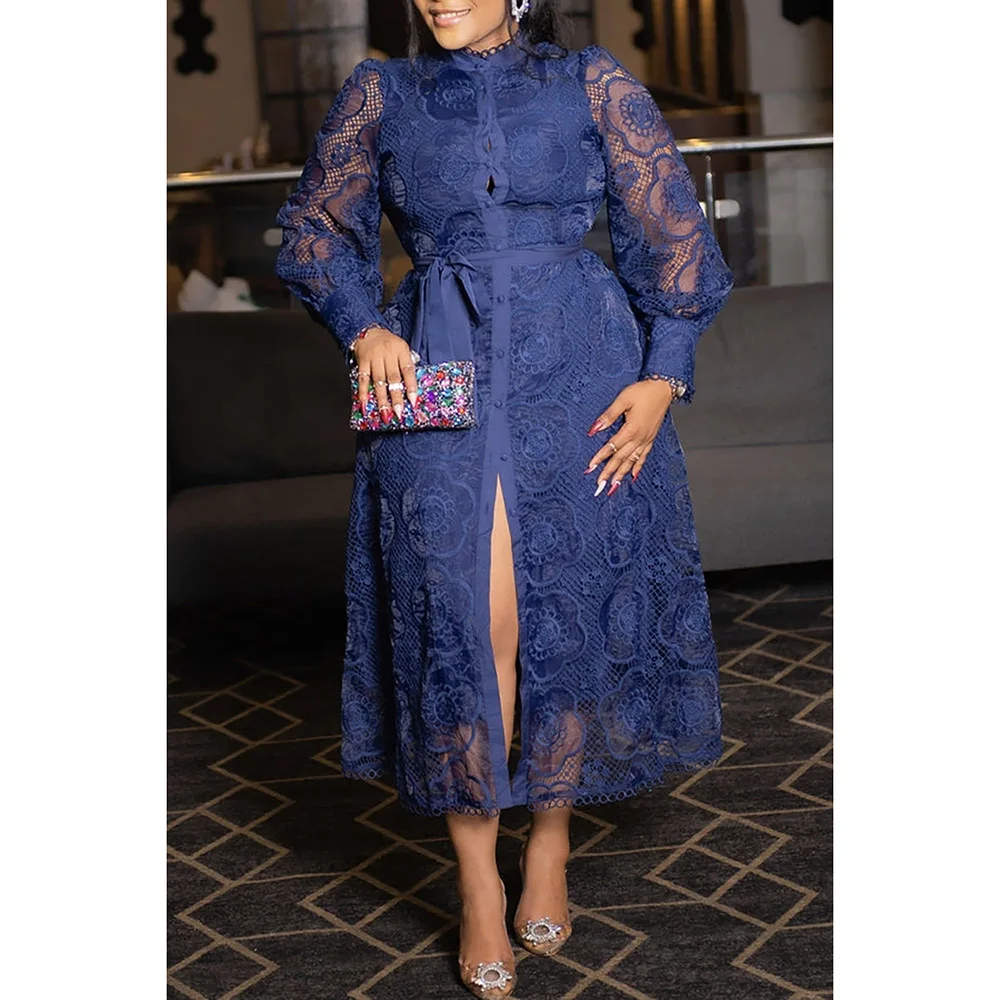 Vestido semi formal plus size renda azul sólido transparente vestido midi dividido (sem cinto)