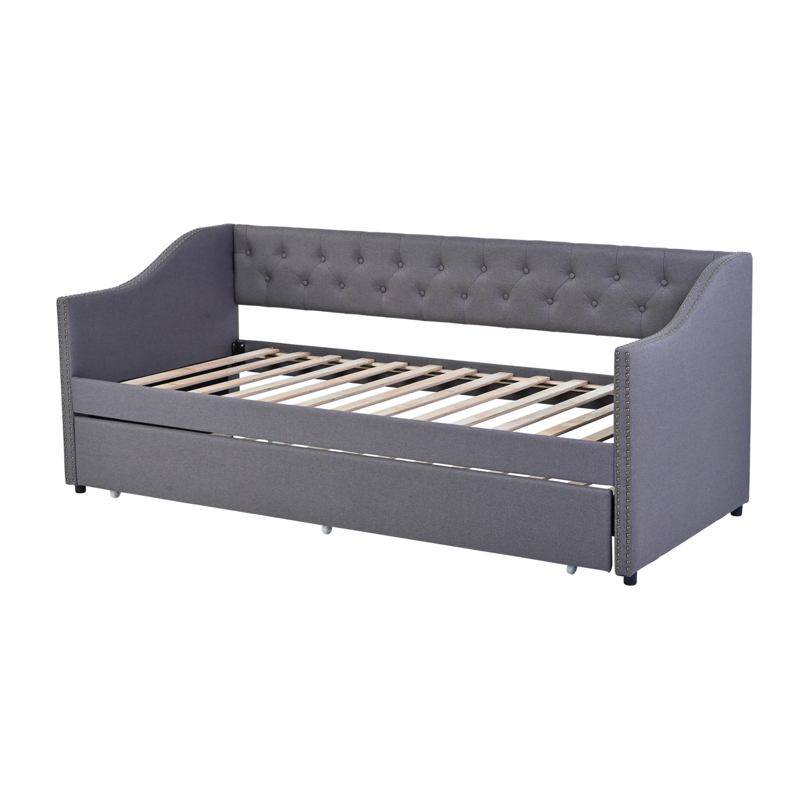 Struttura letto imbottita,90x200 cm, divano letto estraibile, tessuto di lino grigio resistente, letto giovanile, letto ospite