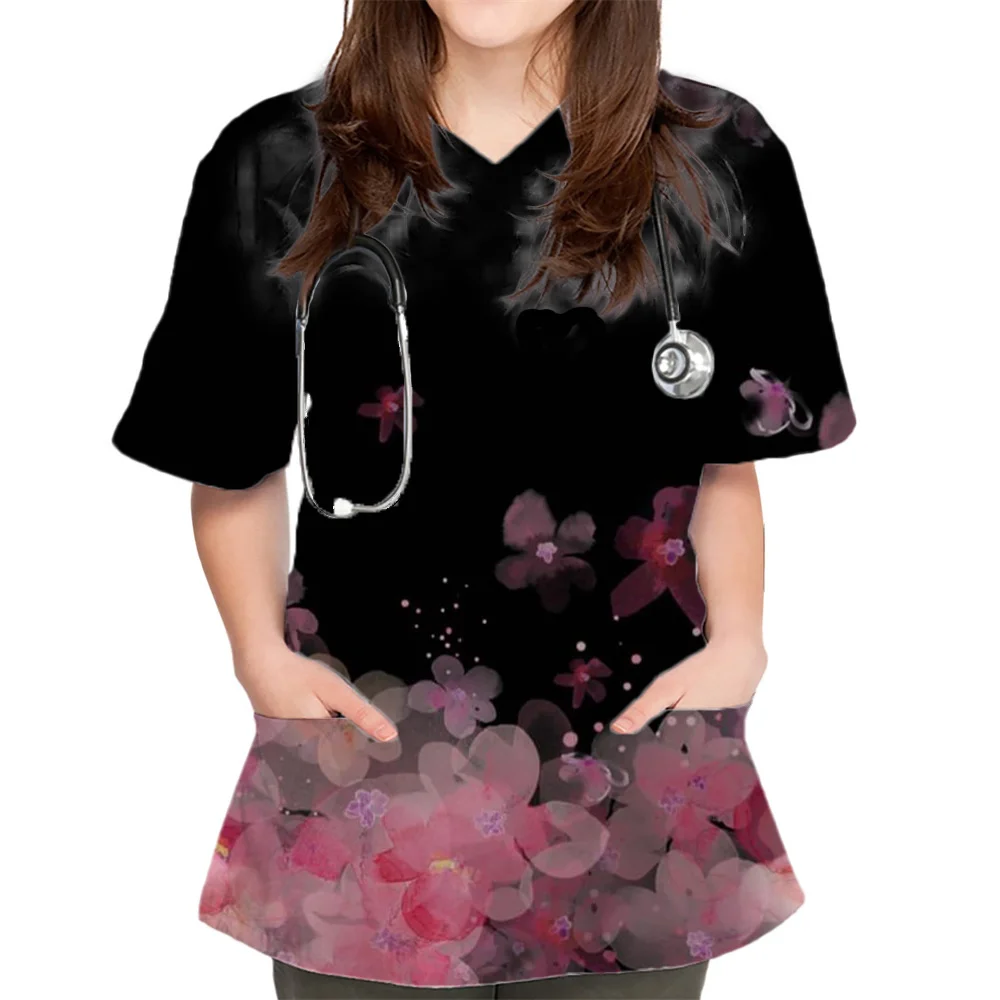 看護服女性の作業服スクラブトップ V ネック 2 つのポケット花柄プリント半袖医療制服ブラウス