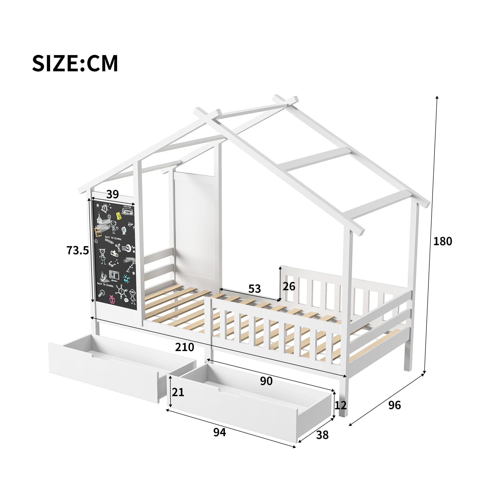 Letto per bambini 90x200 cm, letto in legno con lavagna e 2 cassetti, legno massello con recinzione e struttura a doghe