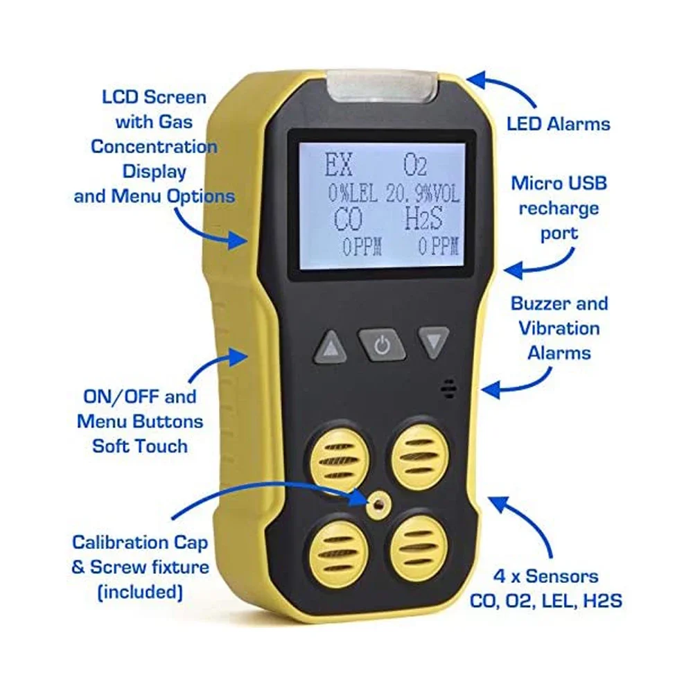 Bosean Multi Gas Detector O2 H2S CO LEL 4 in 1 Gas Meter Oxygen Hydrogen Sulfide Carbon Monoxide Combustible Gas Leak Detector