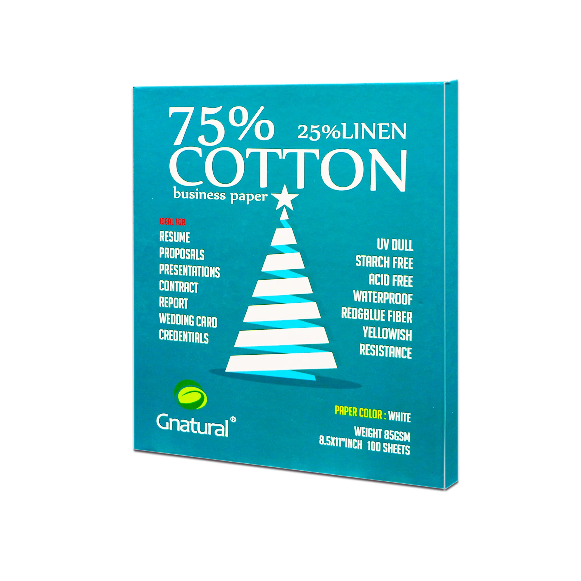 85gsm US 75% algodón 25% papel de lino, tamaño de la letra 216*279mm, color blanco, fibra Visible, sin amido, impermeable, 100 hojas, MCYT006
