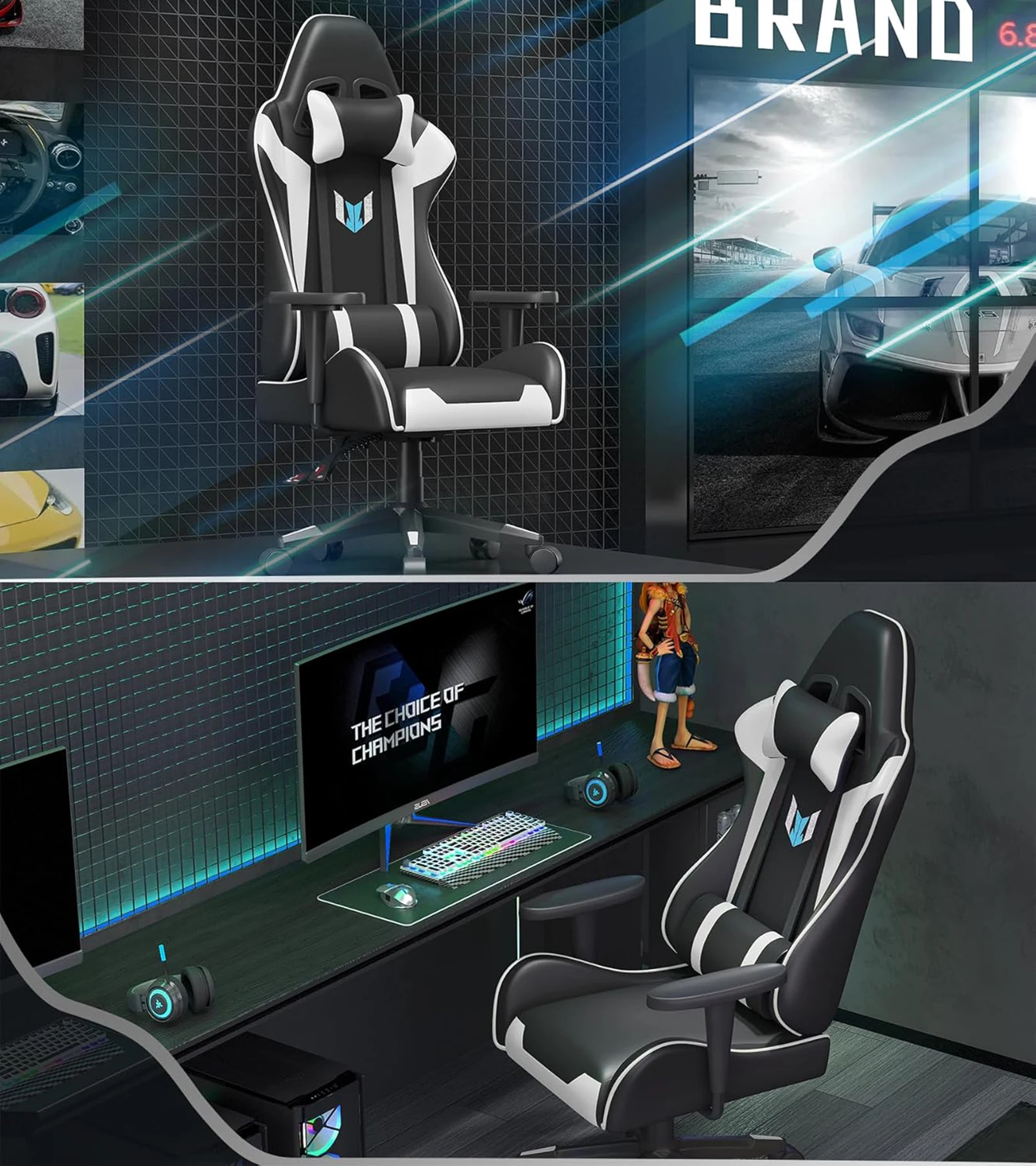 Cadeira de jogos Bigzzia Cadeira de computador Cadeiras ergonômicas para jogadores com almofada lombar Encosto de cabeça Cadeira de escritório para jogos com altura ajustável