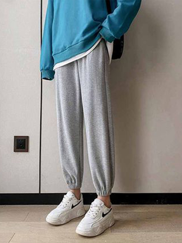 Calça de lã com harém feminino, corredores longos, calça quente, casual esportiva, monocromática, Y2K, inverno