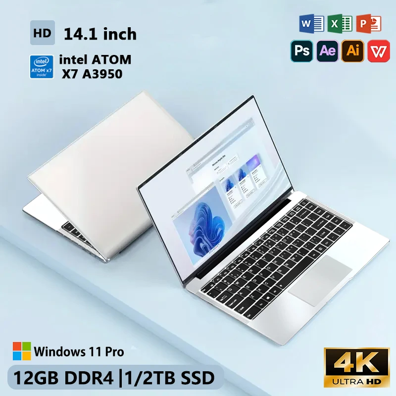 Laptop biznesowy FUCHU 14,1 cala, 12 GB RAM, 1 TB/2 TB SSD, Windows 11, notebook do nauki, rekreacji, rozrywki i pracy.