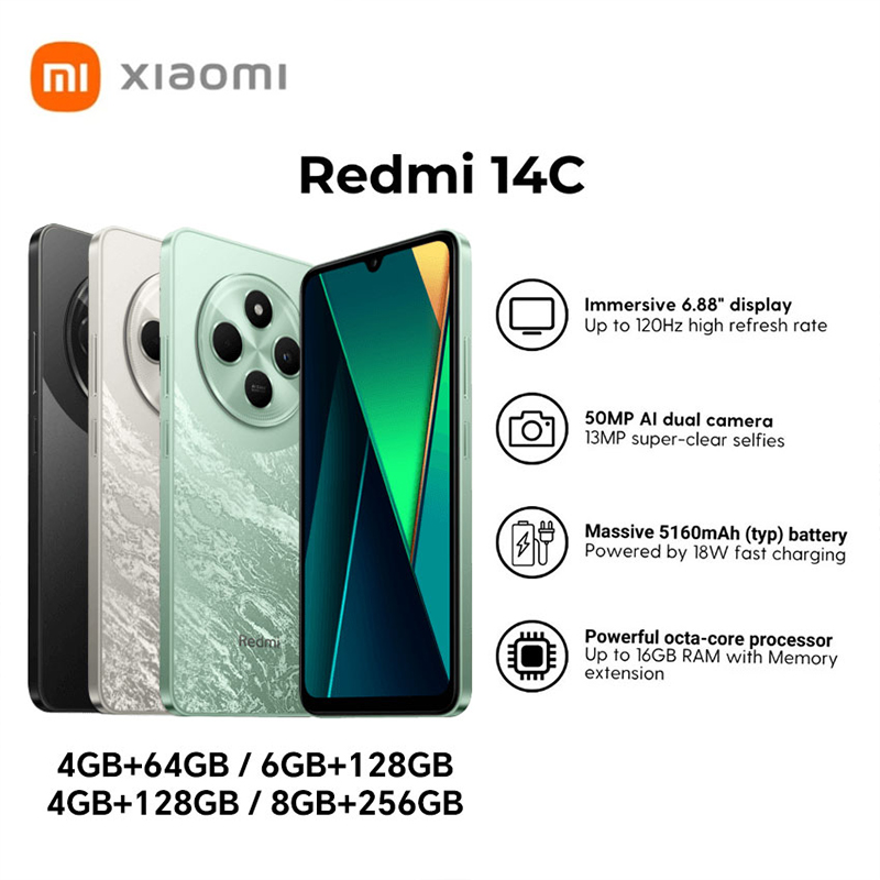 Xiaomi Redmi 14C Smartphone Immersion 6.88'' Pantalla 120Hz 50MP AI Cámara dual Masa 5160mAh Batería