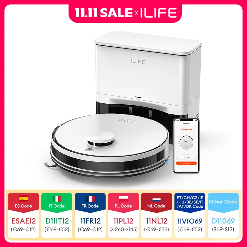 Ilife a30 pro 5000pa sucção, robô aspirador e esfregão combinado, autovaciamento, capacidade de 60 dias, aplicativo/controle remoto, tempo de execução de 180 minutos