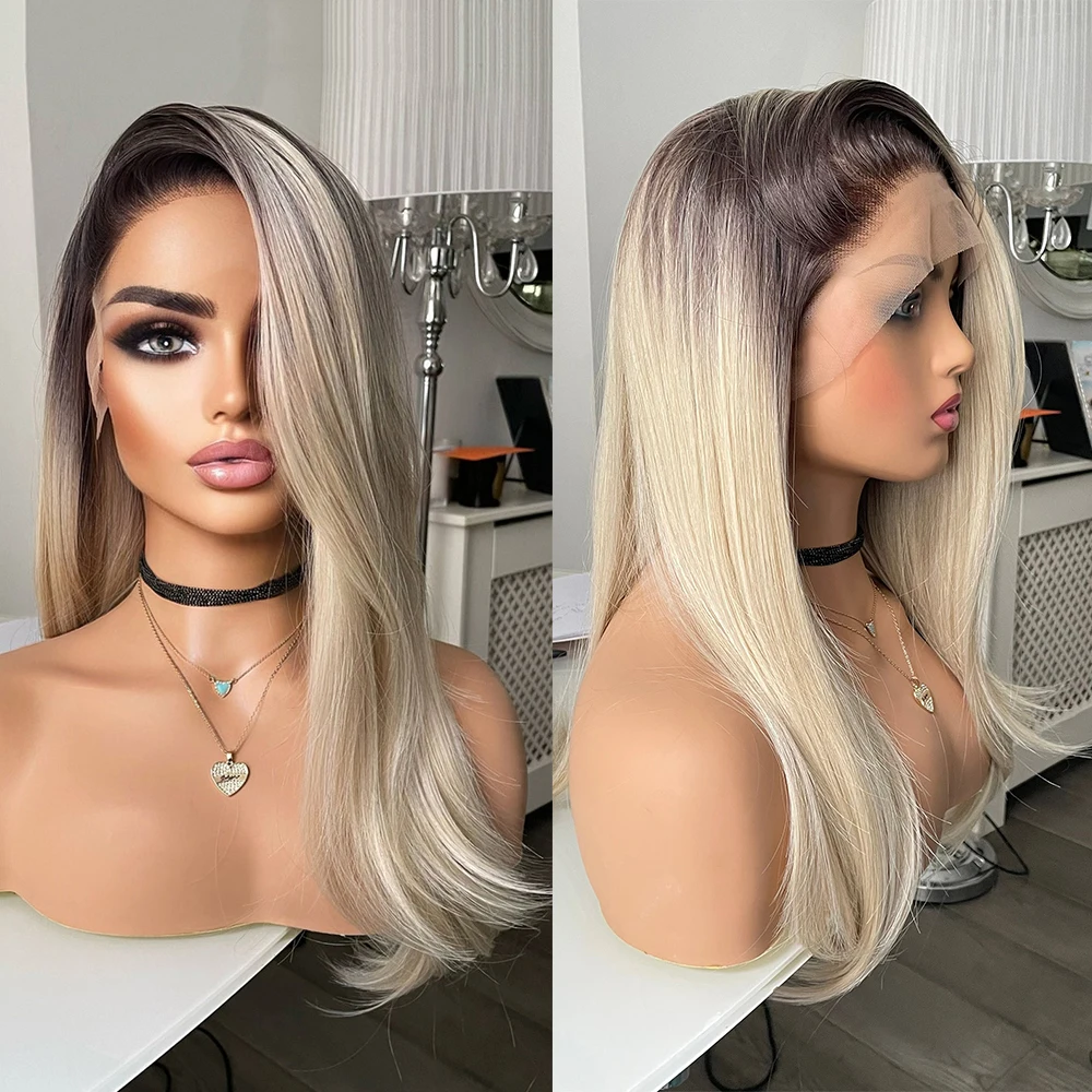 Peluca de encaje Rubio degradado, línea de cabello prearrancada, parte libre, peluca con malla frontal suiza 13x3, peluca sintética resistente al calor