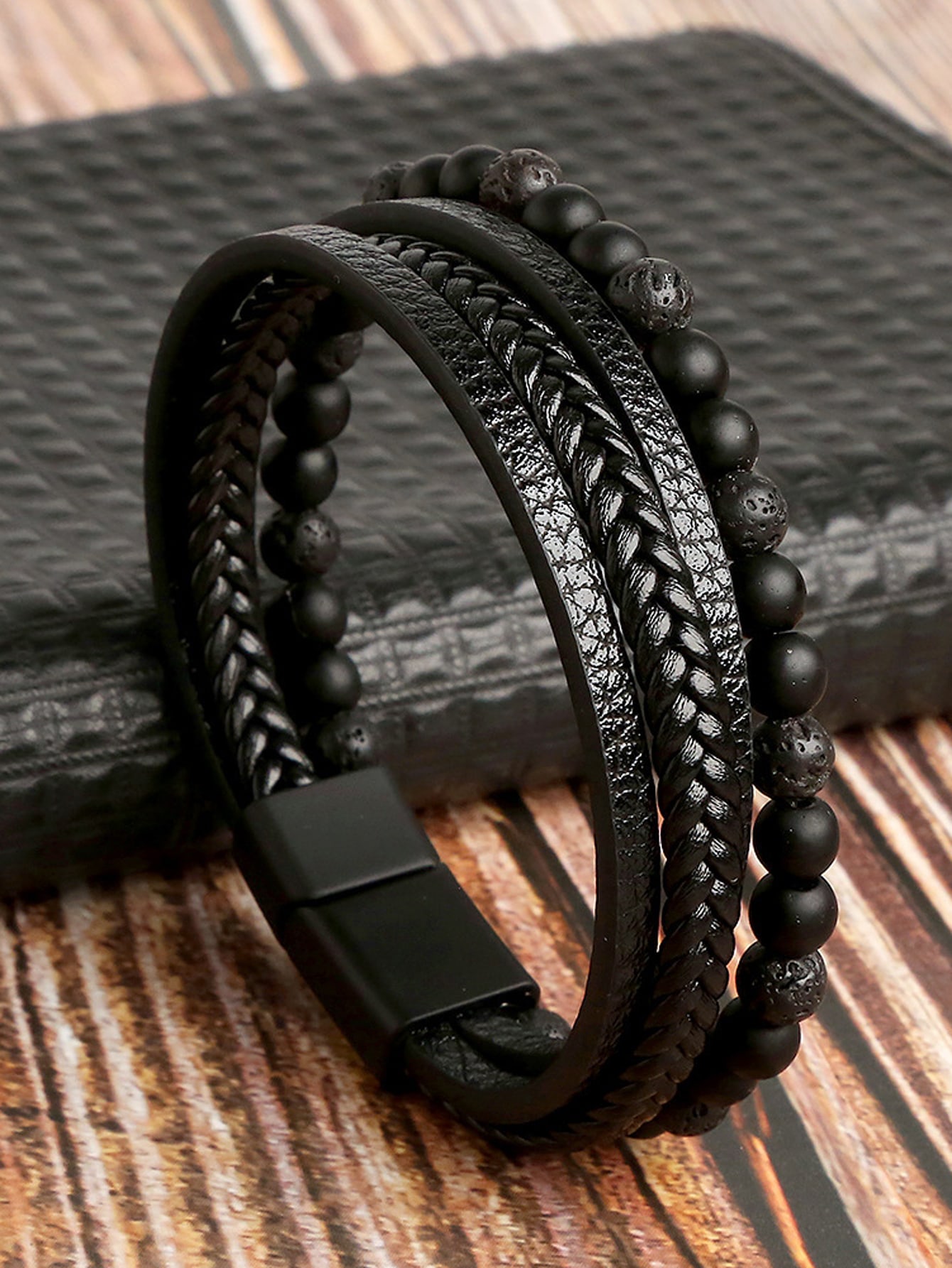 Pulseira masculina vintage de pedra natural lava ônix preto fosco pulseira de couro multicamadas com contas