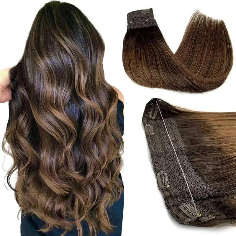 Extensões de cabelo de fio real cabelo humano balayage marrom escuro a castanha invisível transparente remy linha de peixe extensões de cabelo