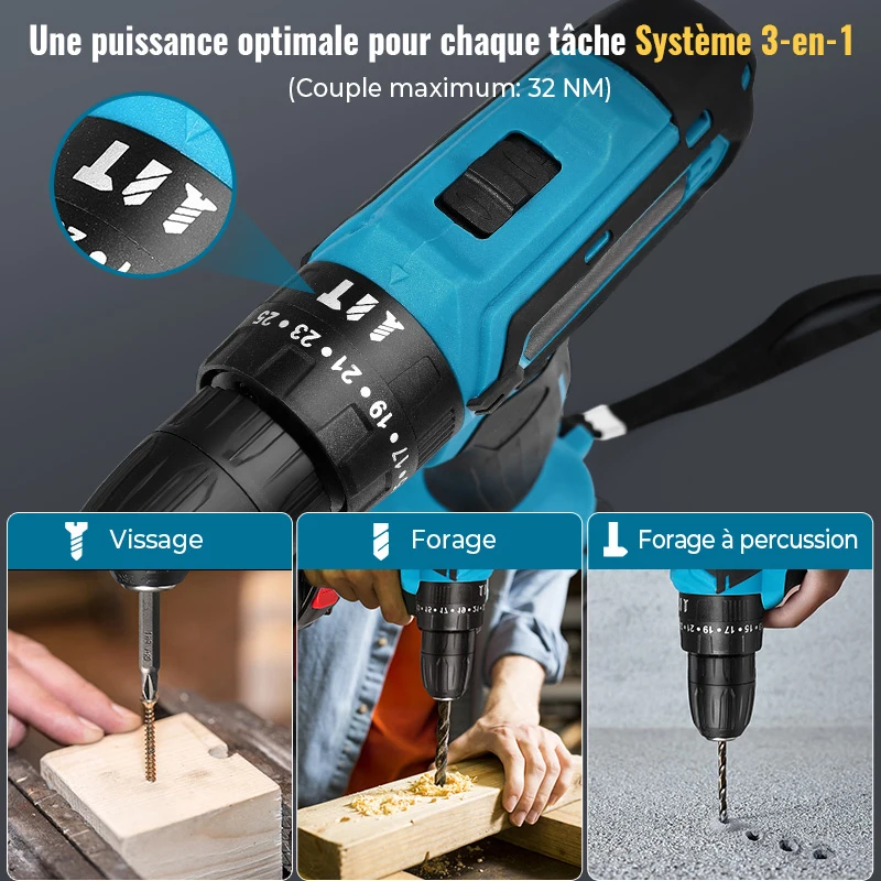 Perceuse à percussion sans fil 28V, tournevis multifonctionnel, perceuse électrique Rechargeable, batterie au Lithium, vitesse 1350 tr/min, outil électrique
