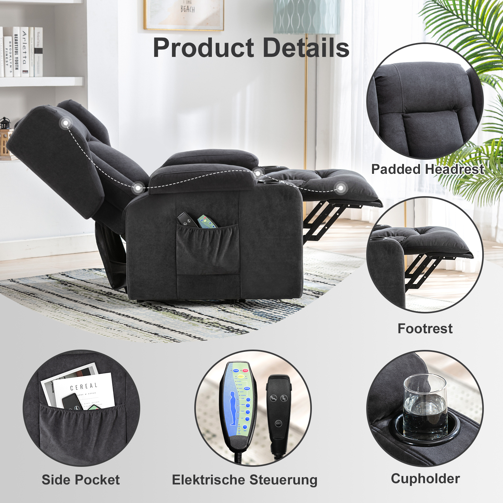 COMHOMA relaxfauteuil lifthulp massagestoel met stoffen oppervlak elektrische liftstoel tv-stoel fauteuil met lifthulp met relaxfunctie stof
