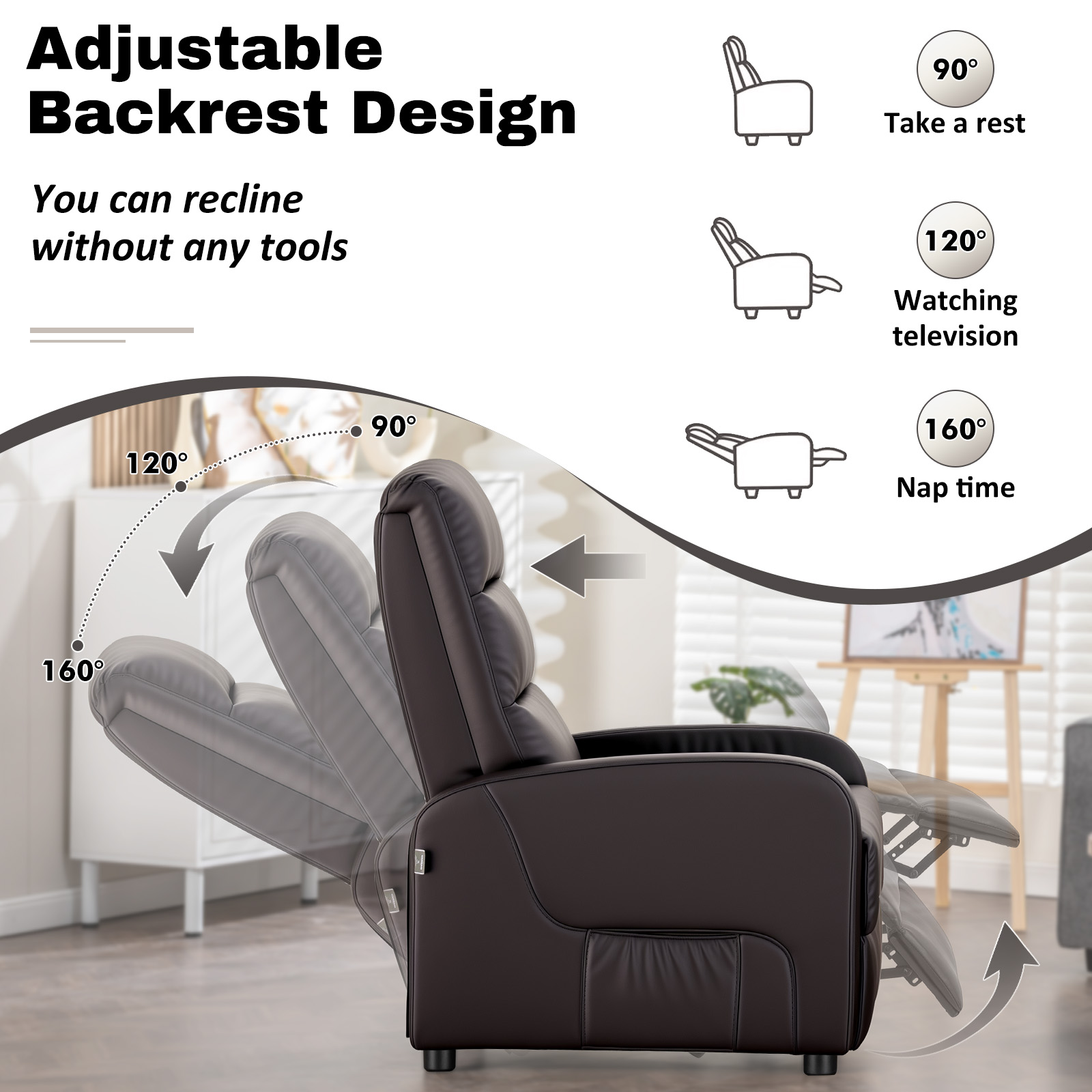COMHOMA Fotel relaksacyjny Fotel telewizyjny z regulowanym oparciem do 160°, poduszka z pierza z podnóżkiem Pojedynczy fotel wypoczynkowy Salon Pojedynczy fotel wypoczynkowy Sypialnia Kino domowe PU