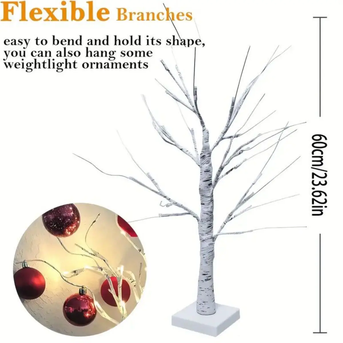1 peça 24 led árvore de páscoa, ramos ajustáveis de árvore de bétula 3aa e fonte de alimentação usb, luz decorativa de árvore de quarto (sem bateria)