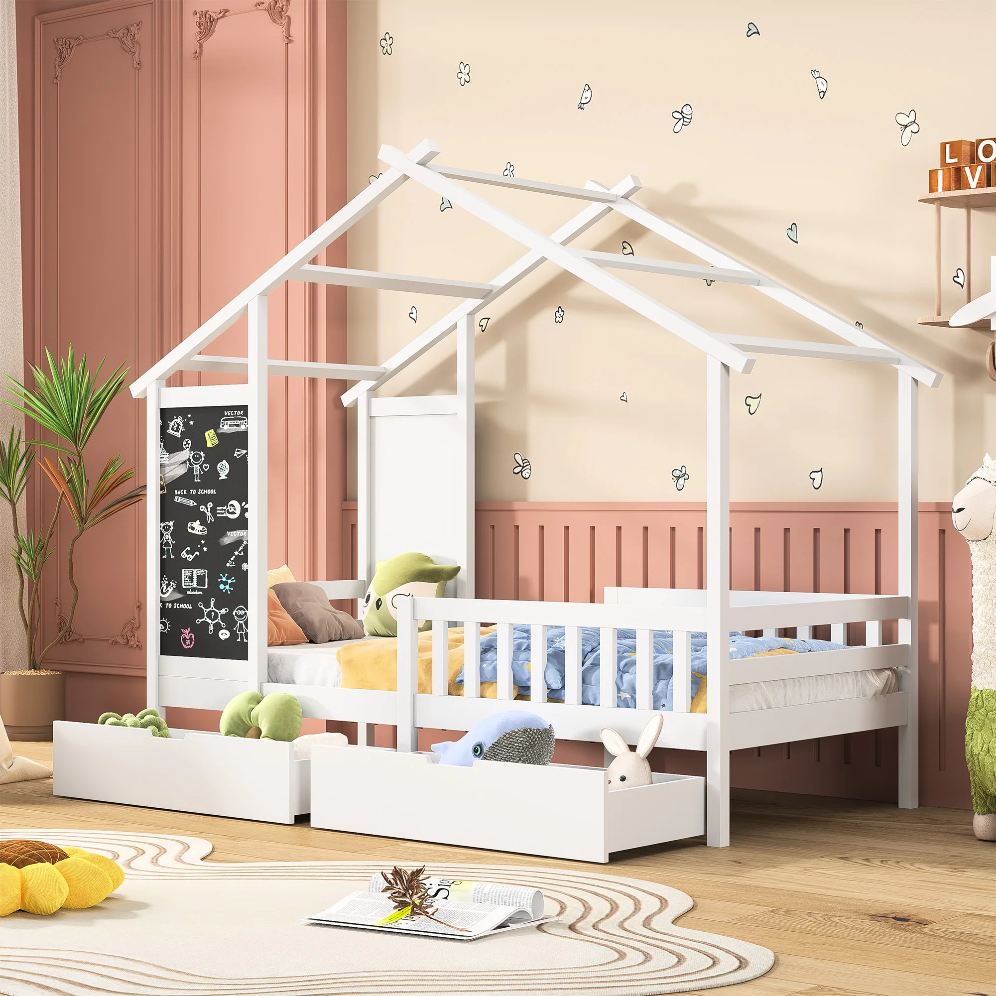 Letto per bambini 90x200 cm, letto in legno con lavagna e 2 cassetti, legno massello con recinzione e struttura a doghe