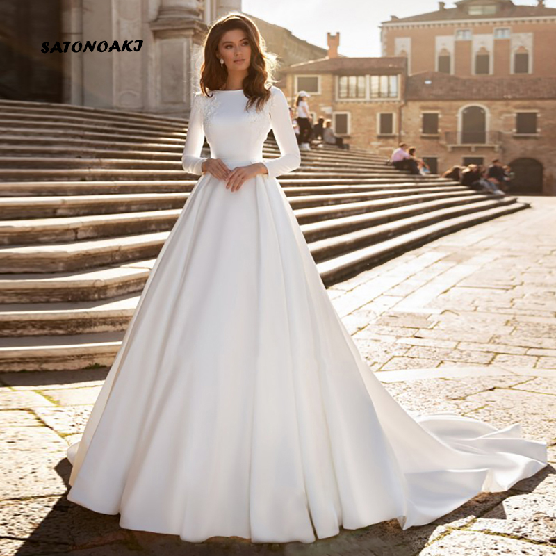 Maßgeschneidertes einfaches elegantes weißes Elfenbein-Satin-Langarm-Hochzeitskleid für Frauen A-Linie Brautkleid Vestidos De Novia Robe Mariée