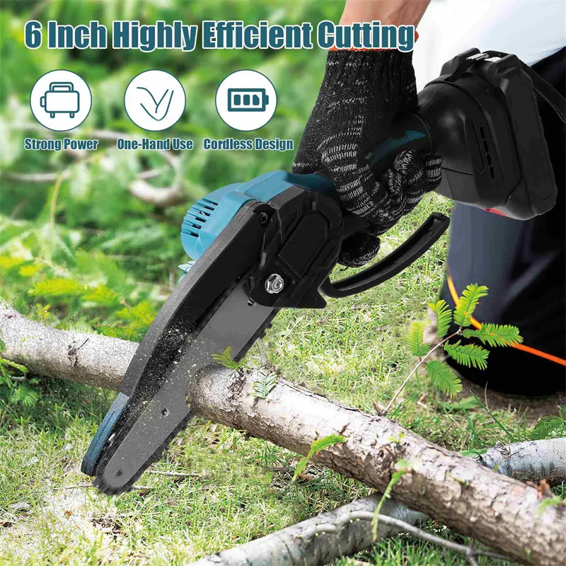 Motosega da 6 pollici Sega a catena elettrica a batteria rimovibile per batterie al litio da 21 V Oli ad alta potenza per la lavorazione del legno da giardino