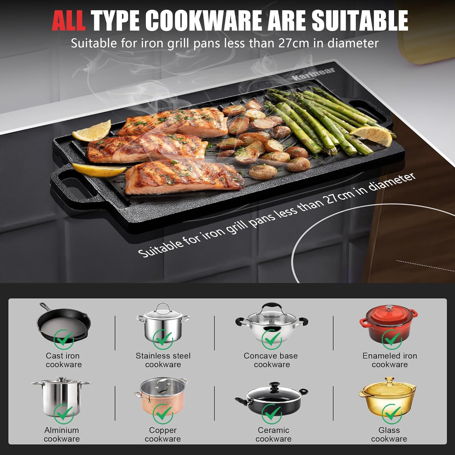 Placa de cerámica Karinear, placa de cocina eléctrica integrada de 4 zonas de 60 cm con zona ovalada dual 6600 W, cable duro, sin enchufe incluido