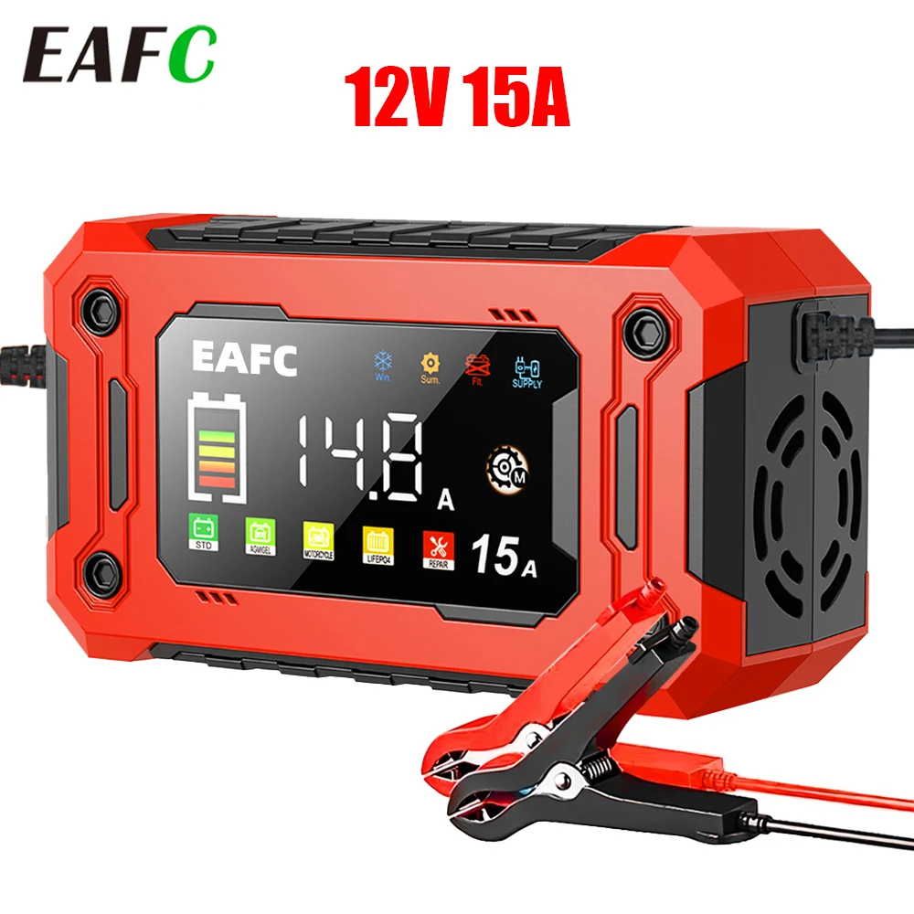 EAFC 12V 15A 8A Autobatterieladegerät Großer Bildschirm Pluse Reparaturladegerät für Auto Moto SUV Lithium AGM Blei-Säure-GEL LCD-Display