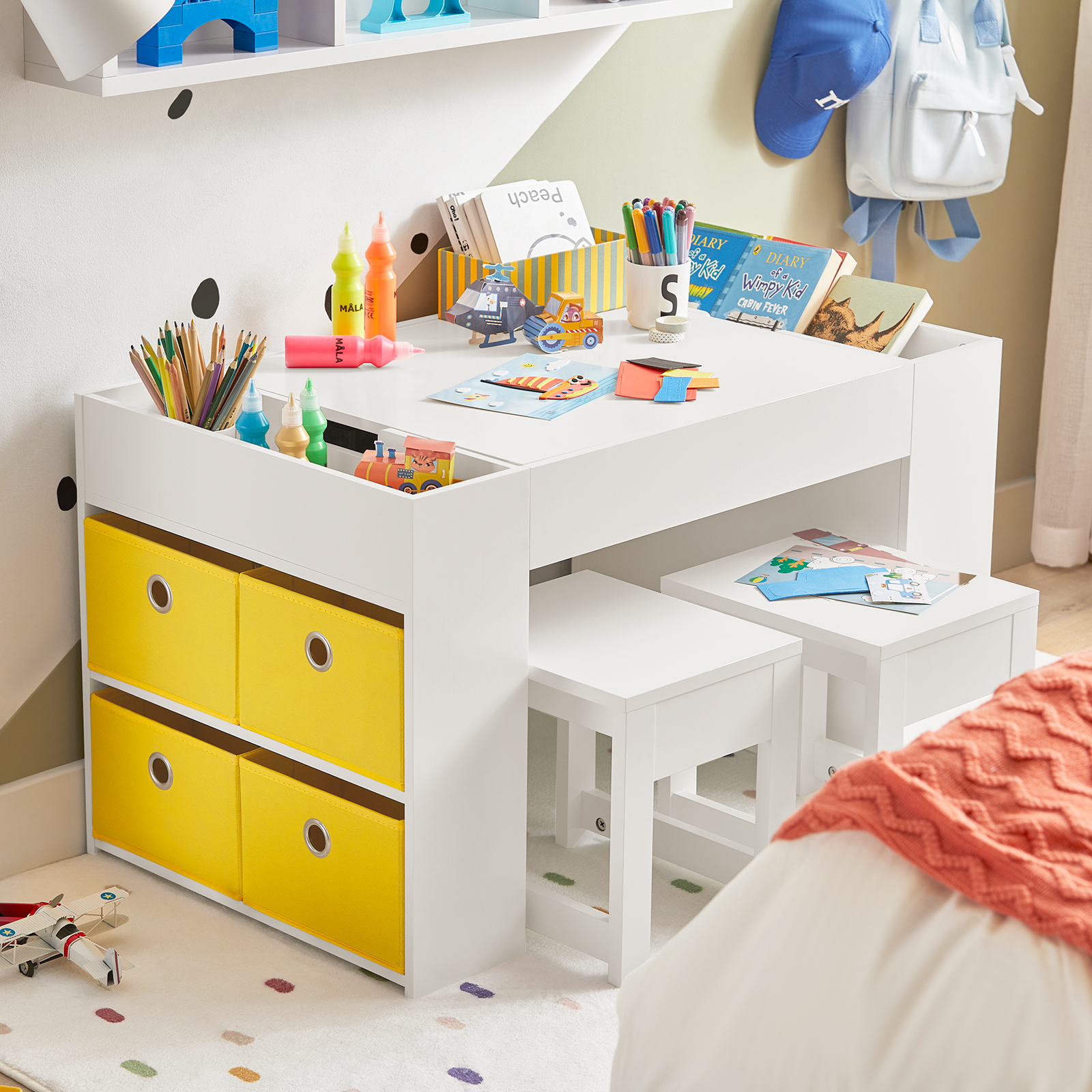 SoBuy KMB75-W Kindertisch mit 2 Stühlen Kindersitzgruppe mit Stauraum multifunktionaler Kindersitzgruppe Kinder Tisch Stuhl Set