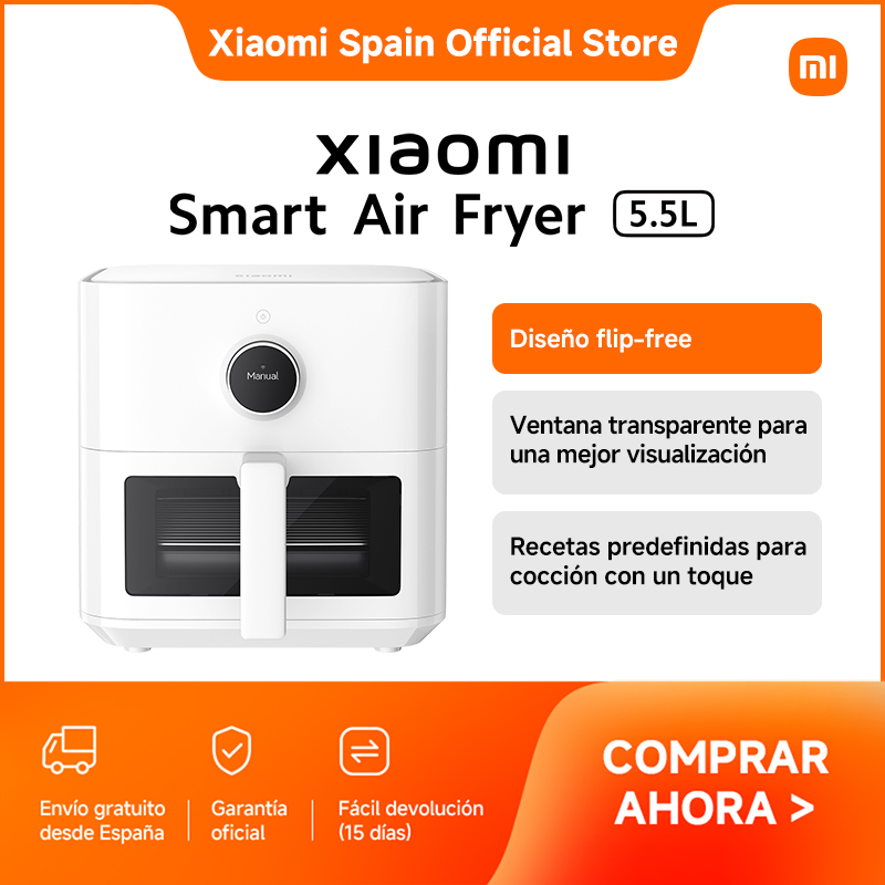 Oficial | Smart Air Fryer 5.5L, Diseño flip-free, Ventana transparente para una mejor visualización, Recetas predefinidas para cocción con un toque