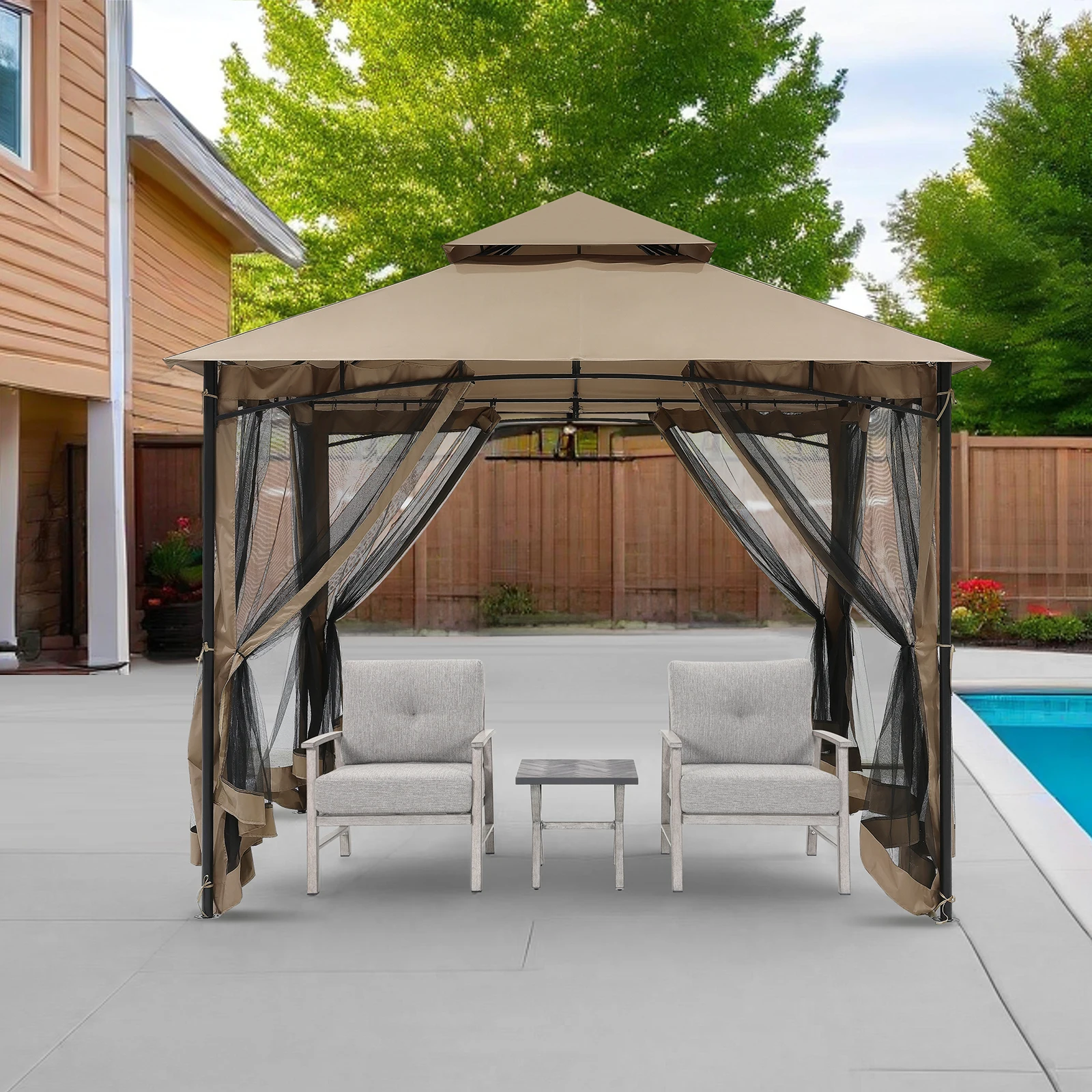 SeeHill 10' x 10' Patio Gazebo with Steel Frame and Double Roof, Outdoor Canopy Tent with Mosquito Netting for Garden or Lawn