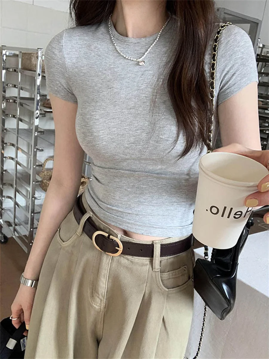 Basic Solid Crop Top Kurzarm Crewneck Skinny T-shirt Sommer Casual Tee für Frauen y2k Vintage Top Harajuku Streetwear