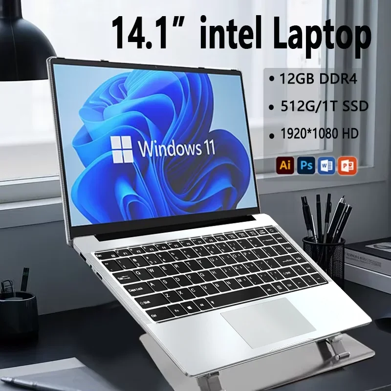 Ordinateur portable 14,1'' Windows 11 Intel Atom x7 A3950 180 °   Ordinateur portable mince pliant 12 Go de RAM 512 Go 1 To SSD 1920*1080 ordinateur d'étude de bureau