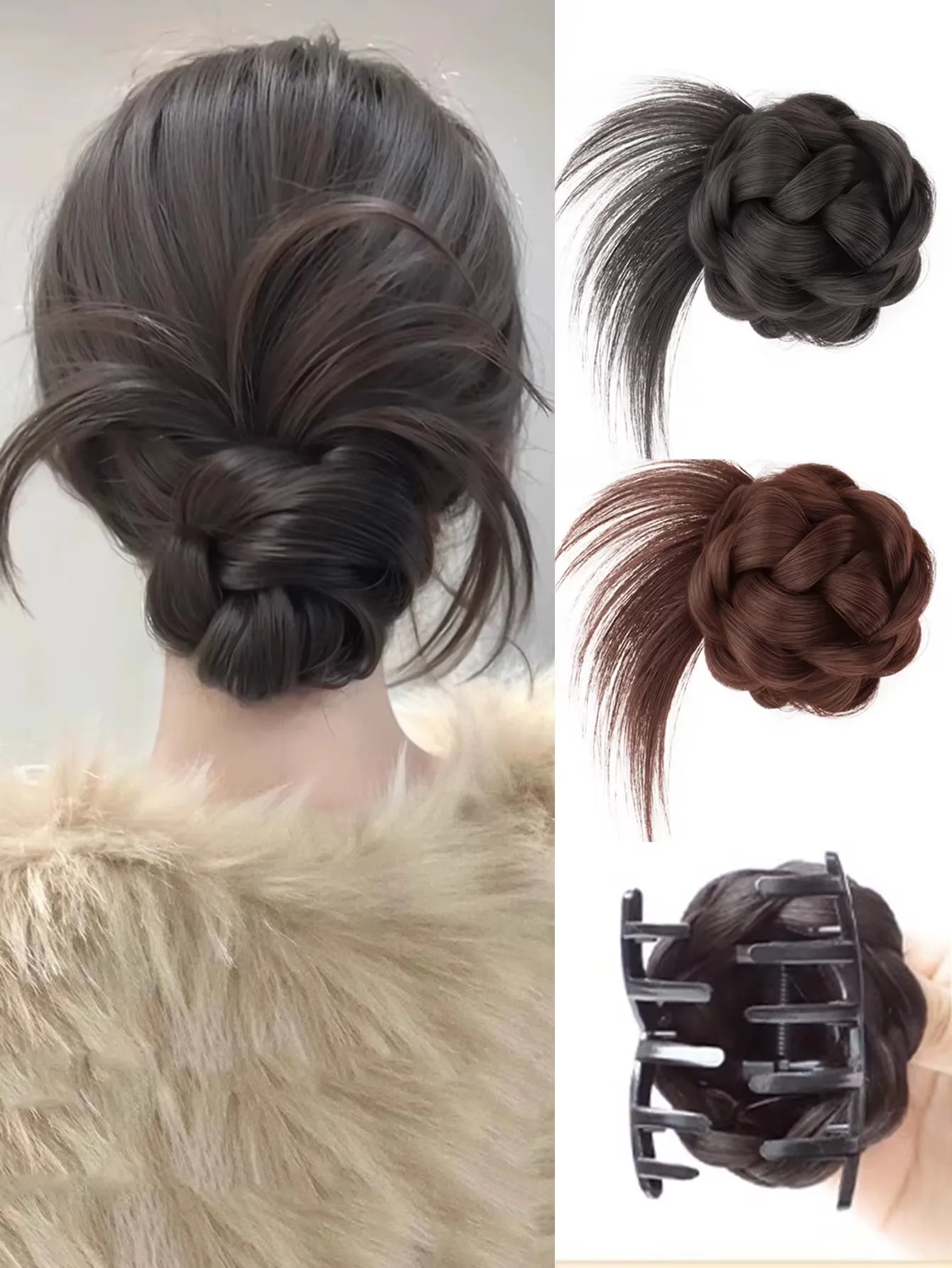 Elegante Blütenknospen-Synthetik-Perücke mit Krallenclip für Frauen, unordentliche lockige Scrunchie, Chignon-Brötchen, Pferdeschwanz-Erweiterungen, niedrige Dutt-Haarperücke