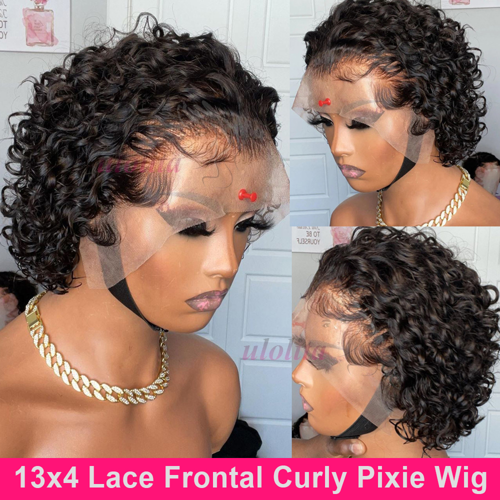 Krullend Pixie Cut Pruik Kanten Pruik Waterkrul Korte Bob Pruik van echt haar Voor Vrouwen 13X4 Transparant Kant Pruik Haar Goedkope Pruik Pre Geplukt