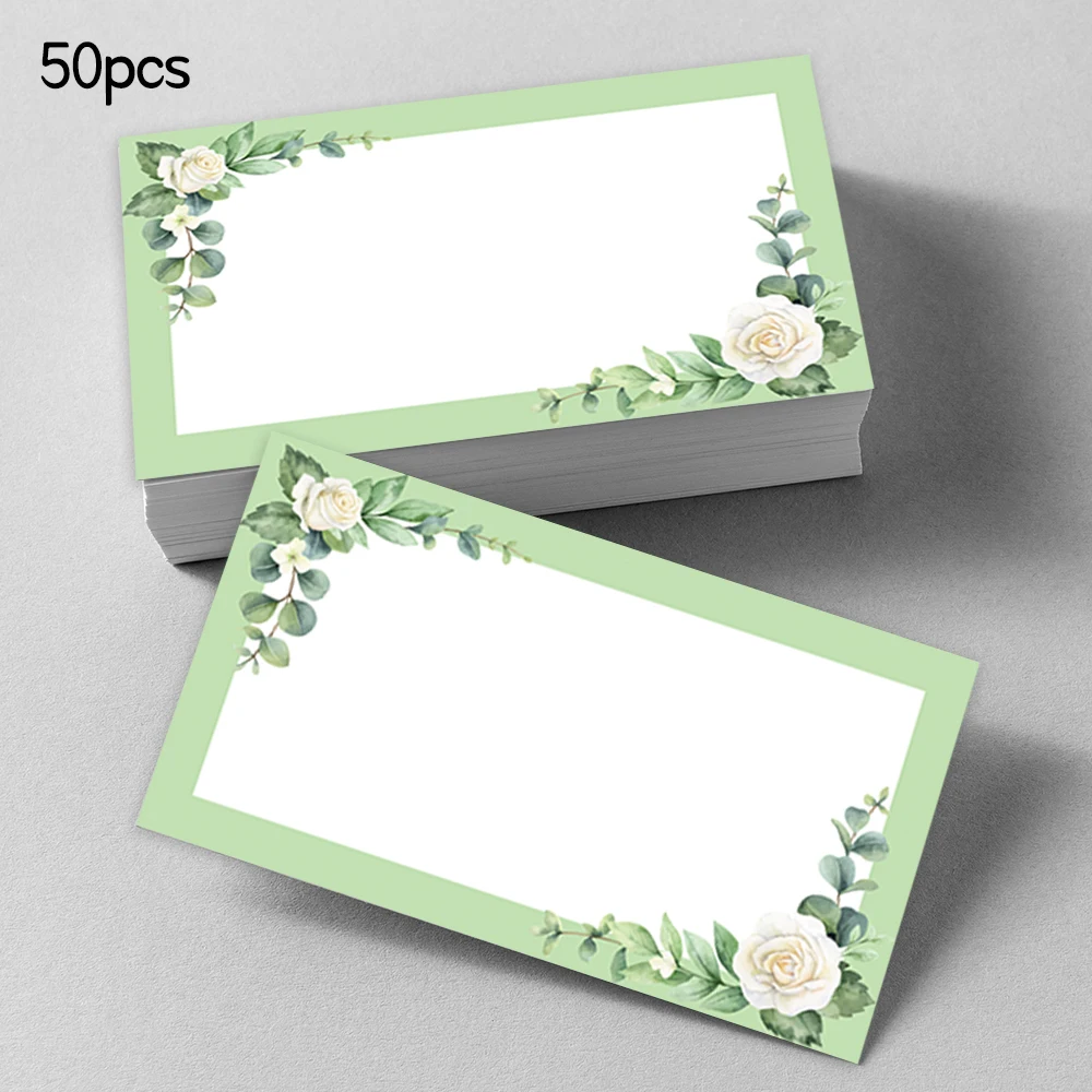 50pcs, green flower blank message cards, pocket cards, business cards, blank greeting cards, small business supplies, gift tags