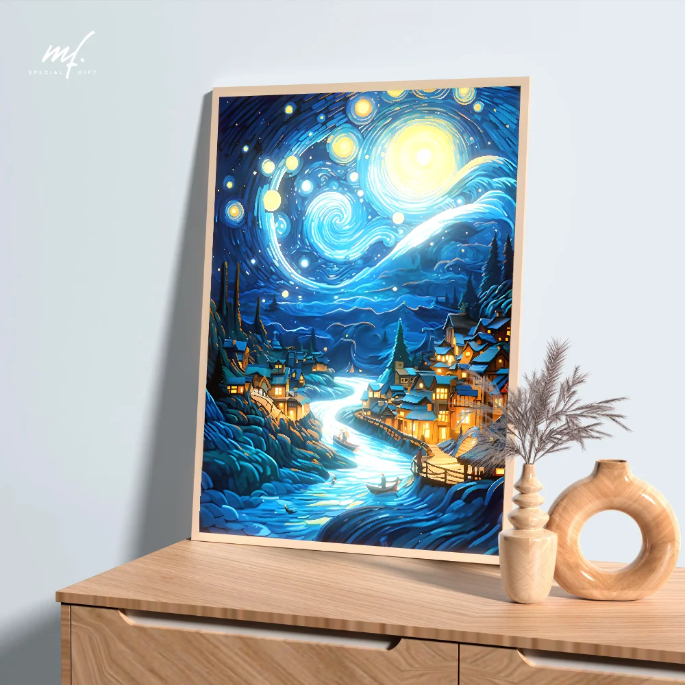 Luz nocturna LED de Anime Van Gogh Art, luz de ambiente con atenuación USB de 3 colores, marco de fotos de madera, regalo de decoración del hogar, perfecto para dormitorio