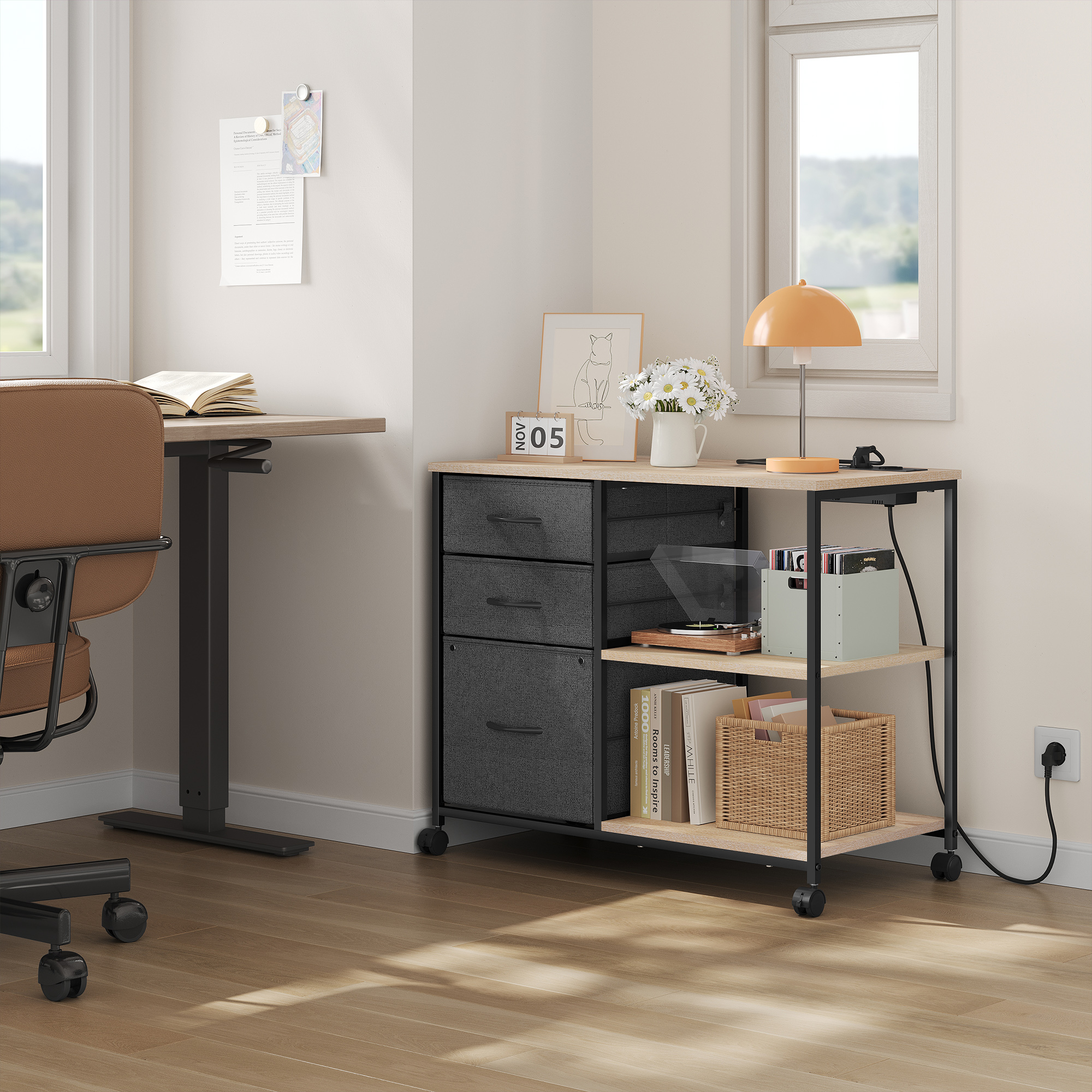 WOLTU Aktenschrank mit Ladestation, 3 Stoffschubladen, Rollbehälter, Drucktisch mit Rollen für Büro und Zuhause