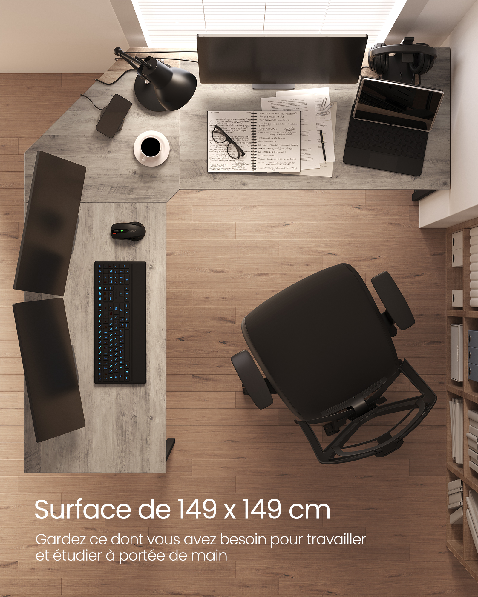VASAGLE Bureau en Forme de L, Bureau Gaming, 149 x 149 x 76 cm, Bureau d’Angle, Idéal pour Étudier, Bureau d'Ordinateur, Gain d’Espace, Facile à Assembler