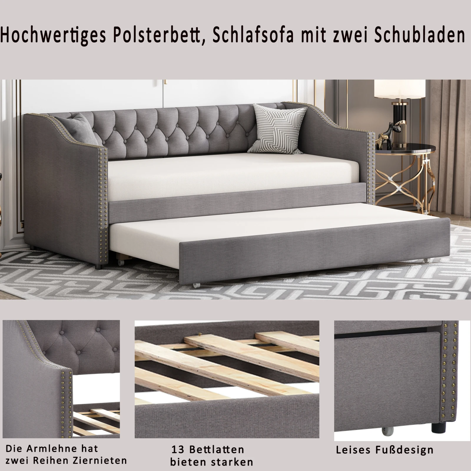 Struttura letto imbottita,90x200 cm, divano letto estraibile, tessuto di lino grigio resistente, letto giovanile, letto ospite