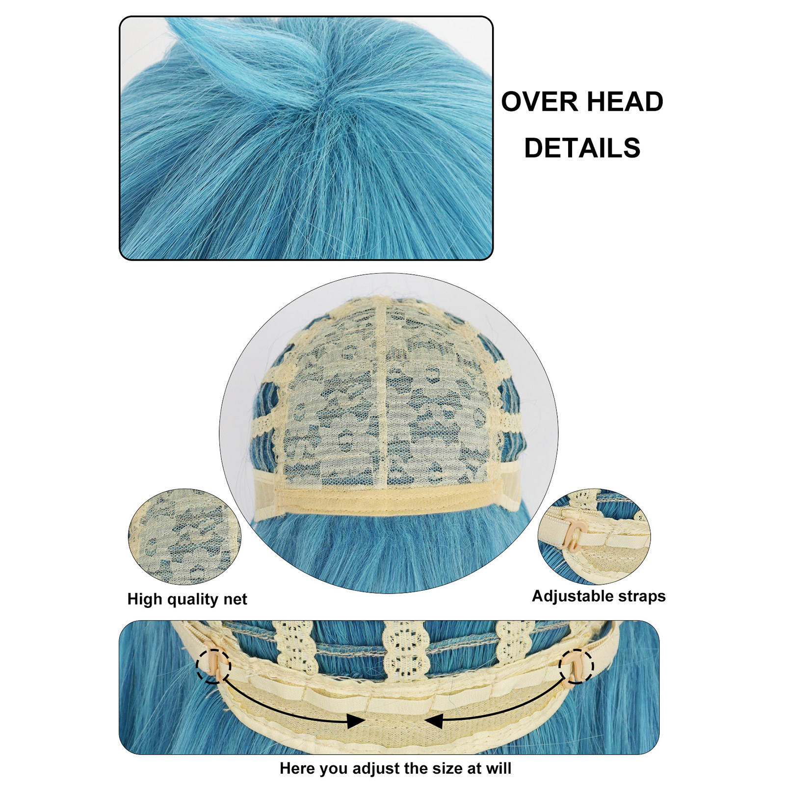 Synthetische mittellange gerade blaue Sally Face Cosplay-Perücke für Halloween, Karneval, Comic-Ausstellung