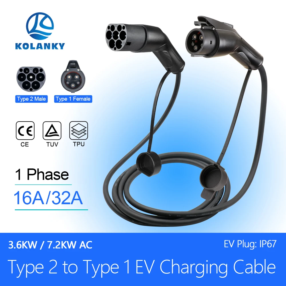 Cable de carga portátil 32A 7.2KW EV Type2 a Type1 para coches EV híbridos PHEV longitud completa 3,5/4M con estaciones de carga pública