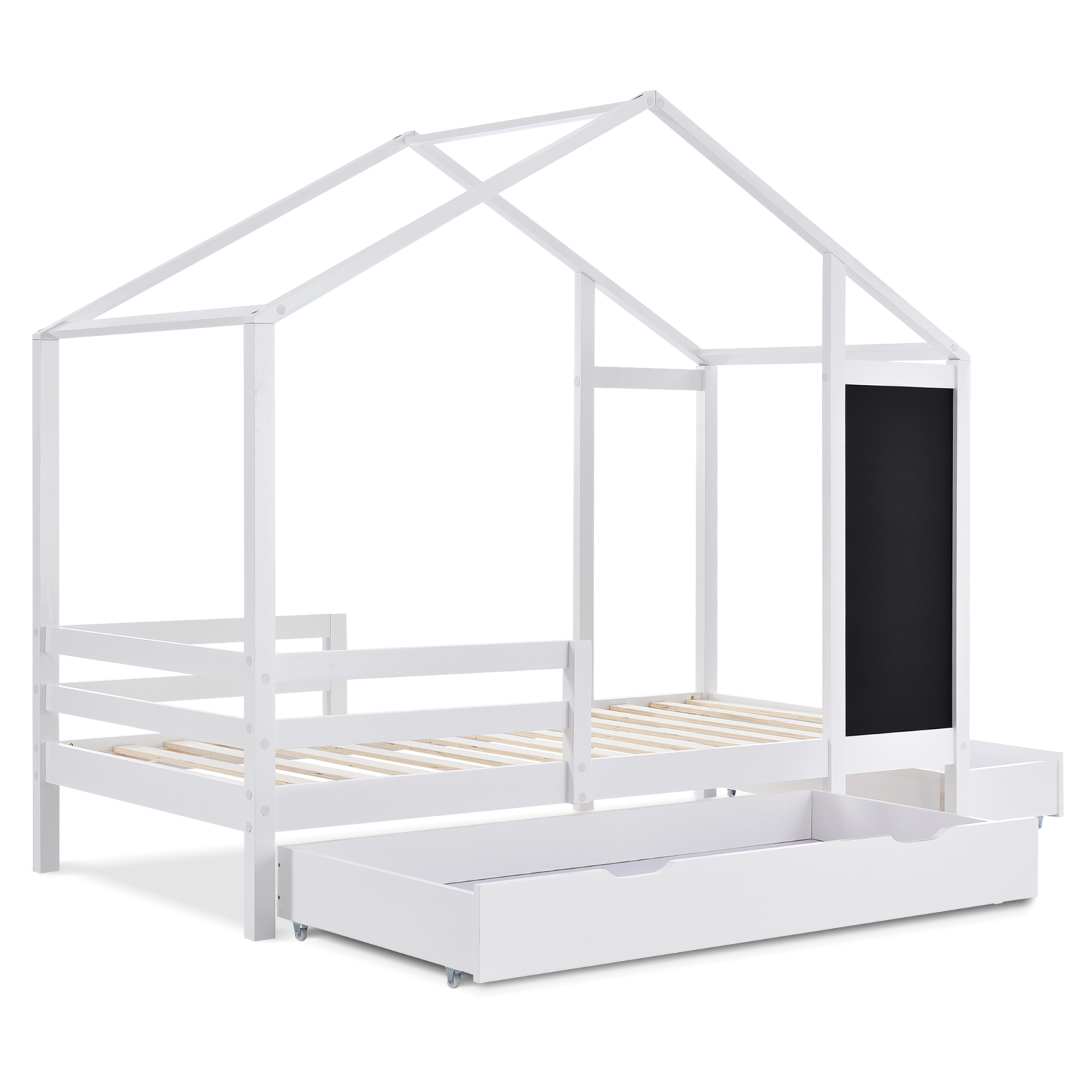 Lit de Maison Blanc pour Enfant, 90x200 cm, Clôture en Bois Massif, Cadre à Lattes, Ceinture, Tableau Noir et 2 Tiroirs, Lit en Bois (Sans Matelas)