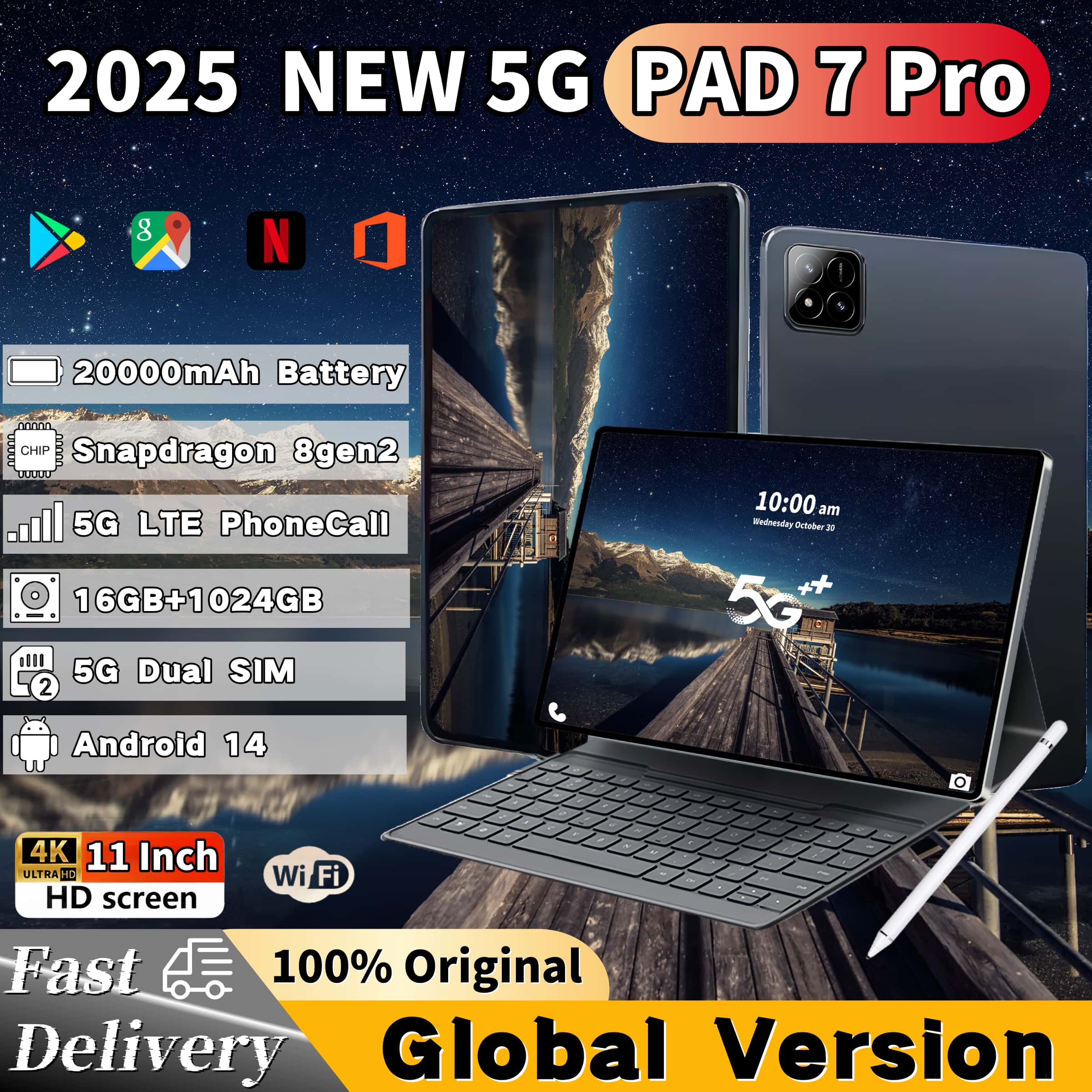 2025 novo original pad 7 pro android14 snapdragon 8gen2 hd tablet 16gb + 1tb 20000mah 5g duplo sim bluetooth wifi gps mesas pc