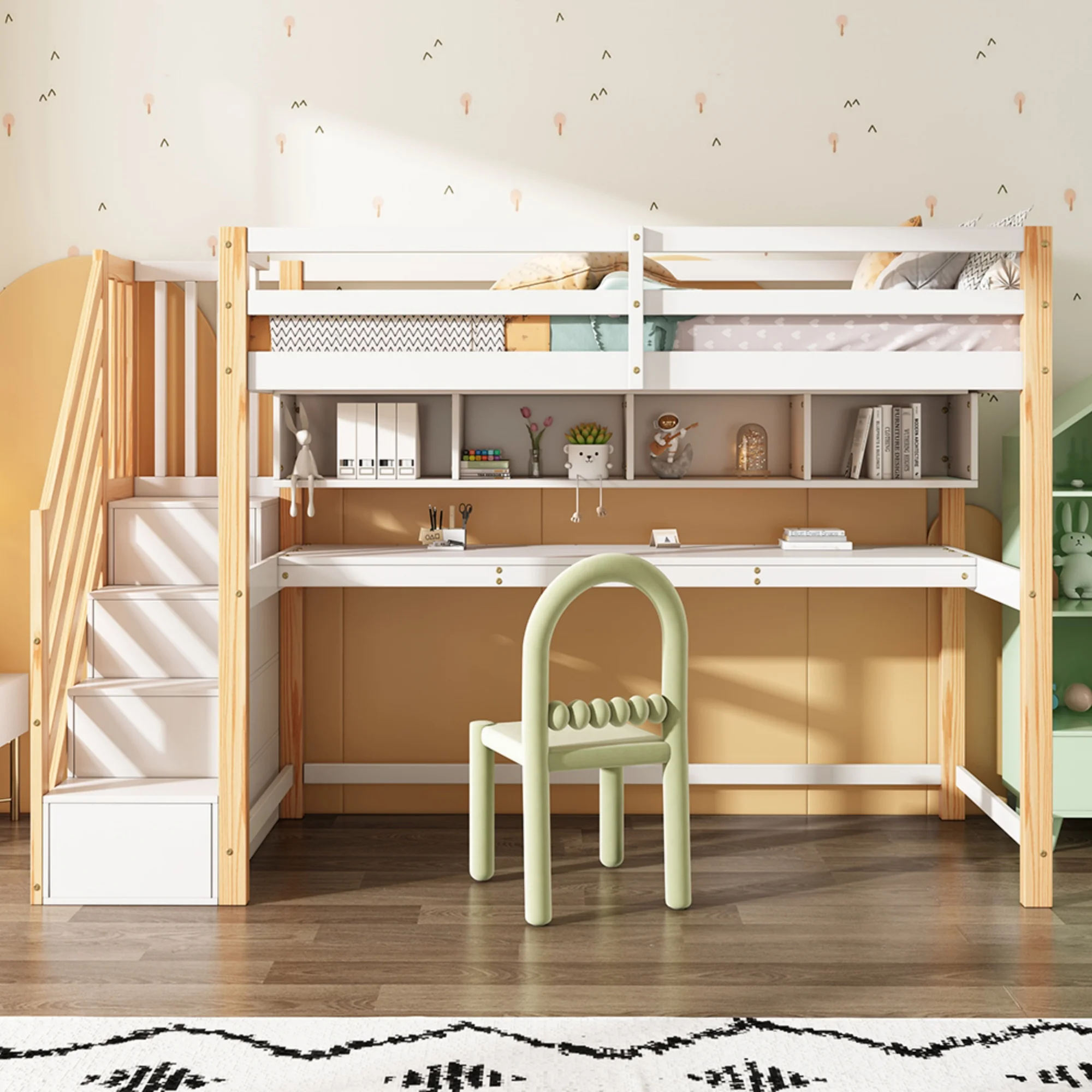 Letto per bambini letto alto con scale contenitore 90*200 cm, legno massello + MDF, letto a castello, letto per bambini con grande scrivania e ripiani,