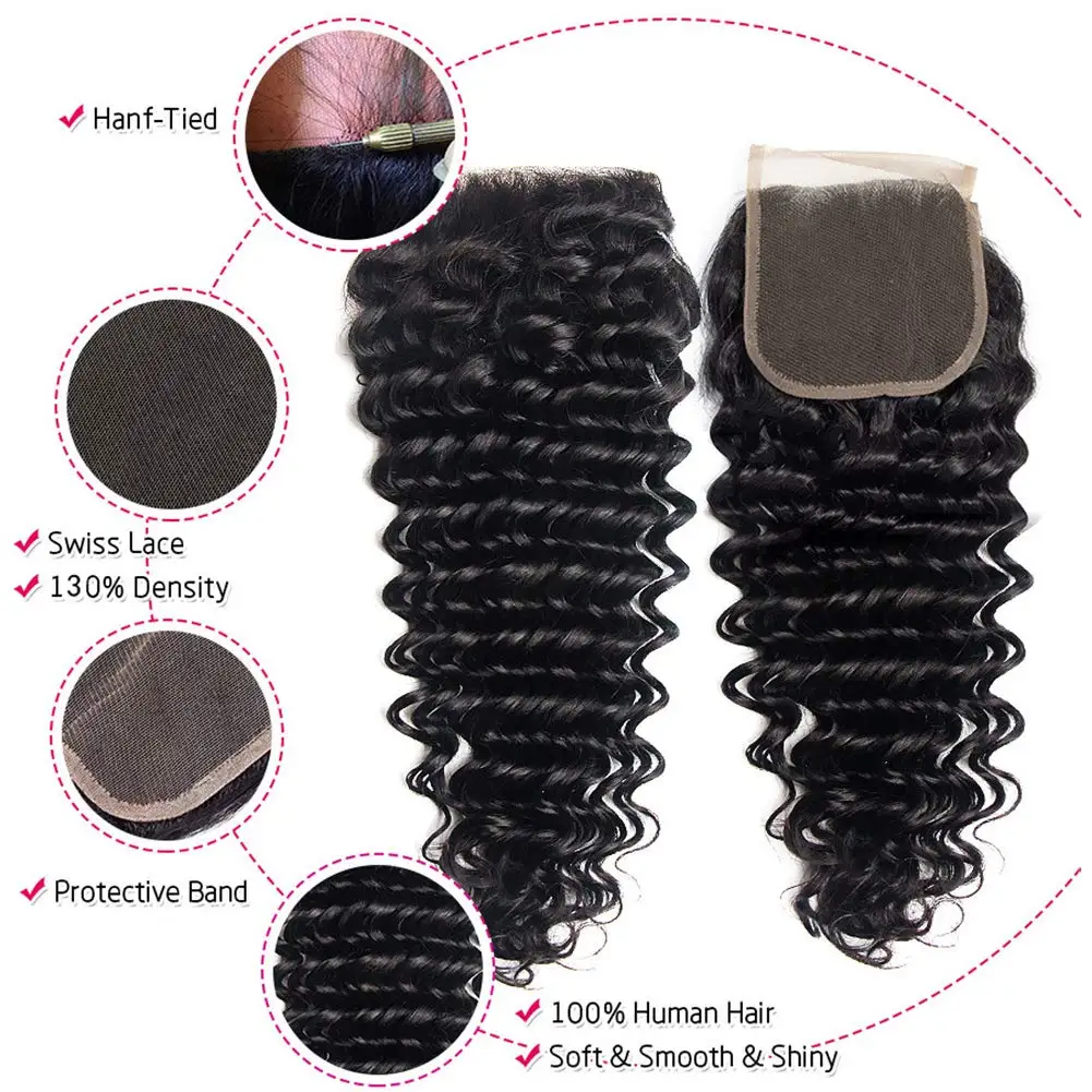 Pacotes com fechamento onda profunda cabelo virgem brasileiro 3 pacotes com 4x4 hd fechamento de renda com cabelo do bebê cor natural encaracolado profundo