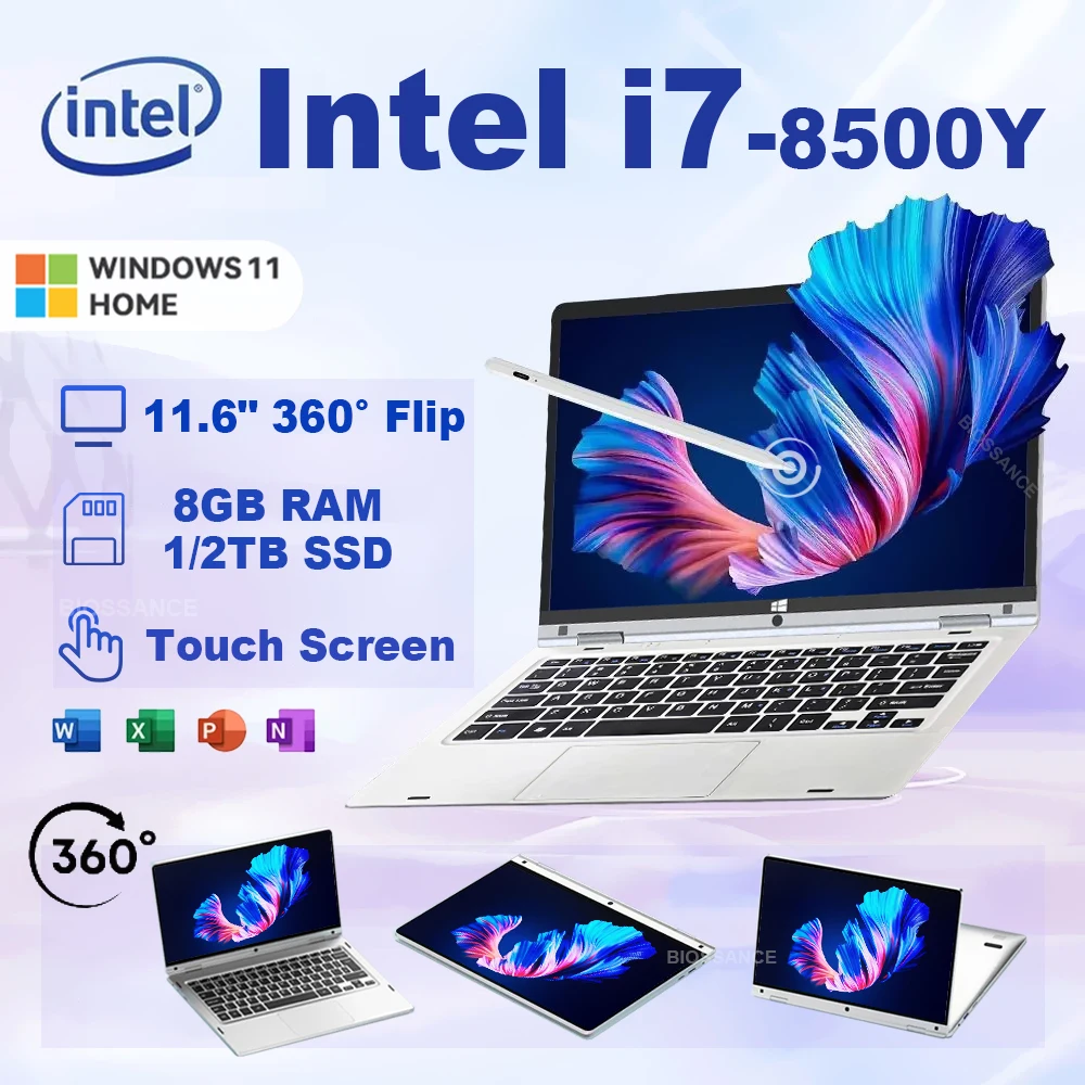 2025 Intel i7-8500Y 11,6" 2in1 Touch Screen per computer portatile 8 GB RAM 1 TB 2 TB Windows 11 360 °   Notebook portatile per l'apprendimento dell'ufficio