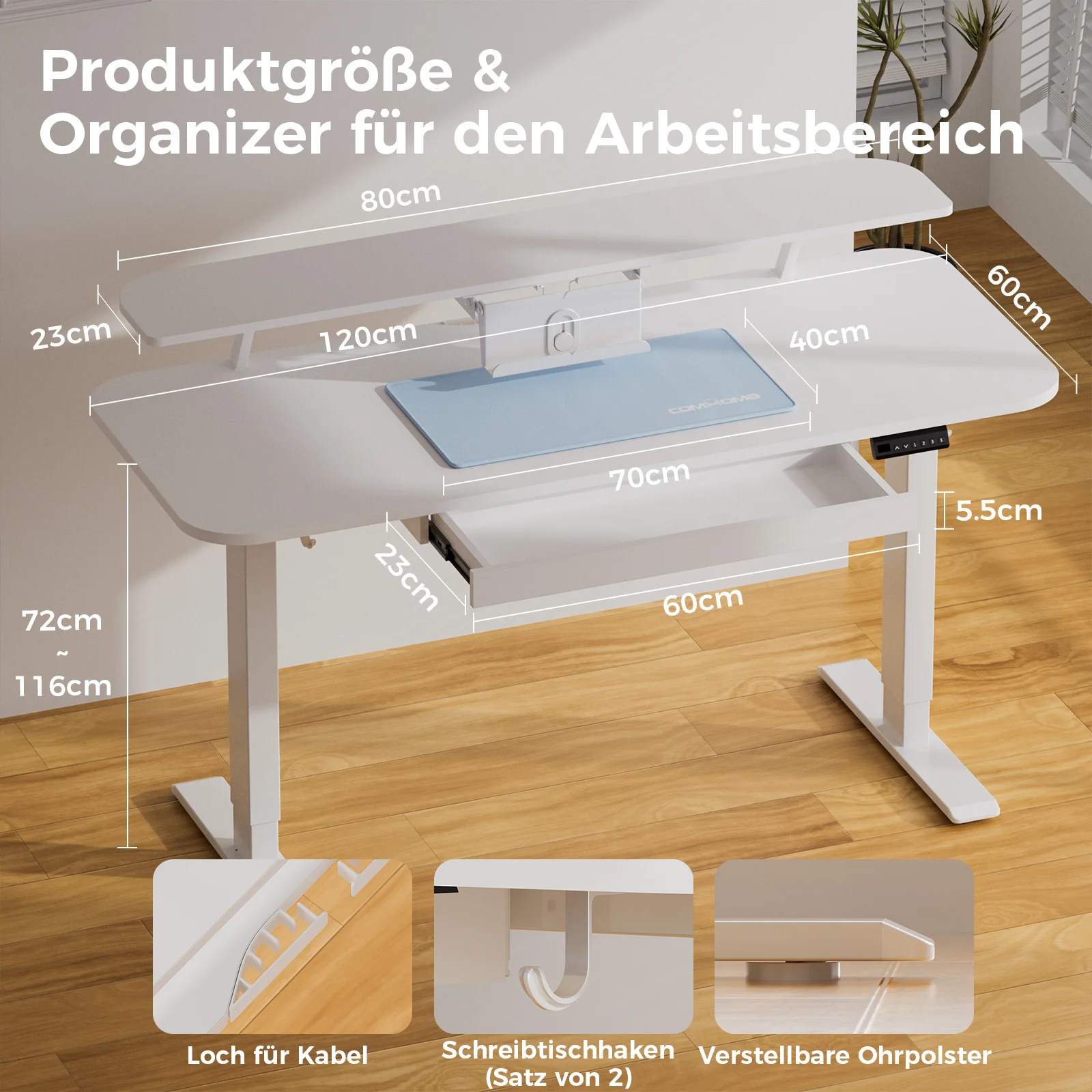 COMHOMA Höhenverstellbarer Schreibtisch Elektrischer mit Schubladen, Monitorständer, Tablet-Ständer mit 3 höhen, Weiß