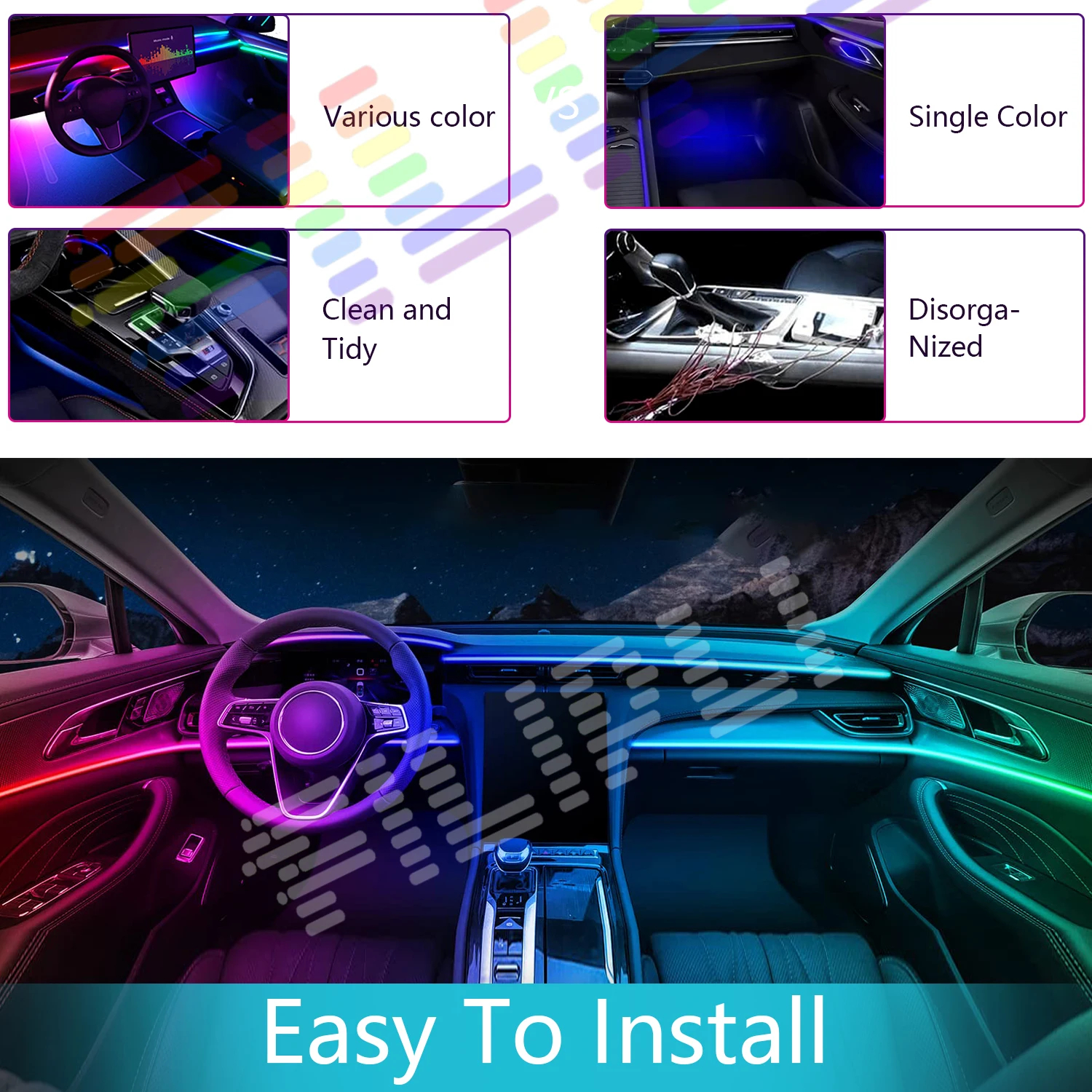 Universal hc22 neon luzes ambientais do carro rgb 64 cores universal led interior escondido tira acrílica sinfonia atmosfera lâmpada