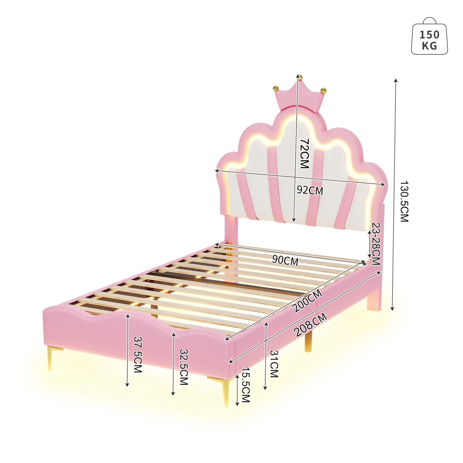 Łóżko dziecięce Rosahqnda 90x200 cm z oświetleniem LED, łóżko księżniczki, łóżko z koroną, łóżko dla dziewczynek/łóżko dziecięce/łóżko pojedyncze/łóżko płaskie/łóżko z PU